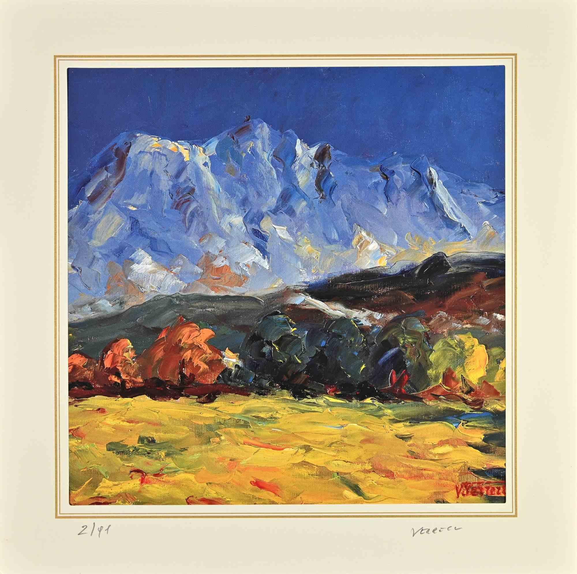  Landscape  with mountains is a lithograph attributed to Nicholas Verrall (1945)  in the Late 20th Century.

Hand-signed on the right corner. Numbered, Edition, 2/99, on the left margin. On the back is the label of the certificate of 