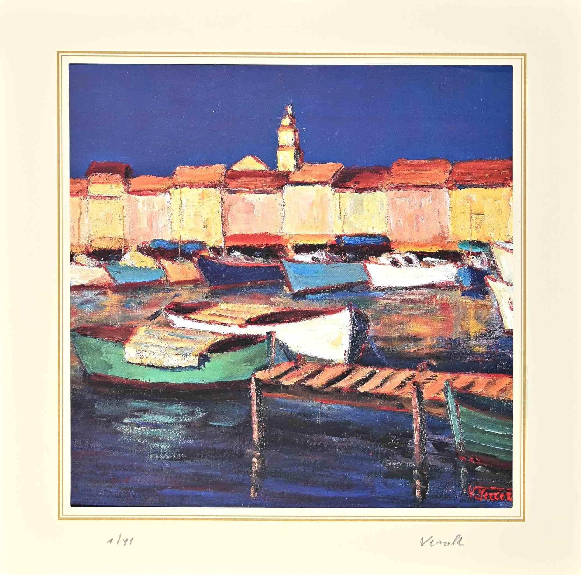 The Picturesque Harbor is a lithograph attributed to Nicholas Verrall (1945) in the Late 20th Century.

Hand-signed on the right corner. Numbered, Edition, 1/99, on the left margin. On the back is the label of the certificate of  authenticity.

The