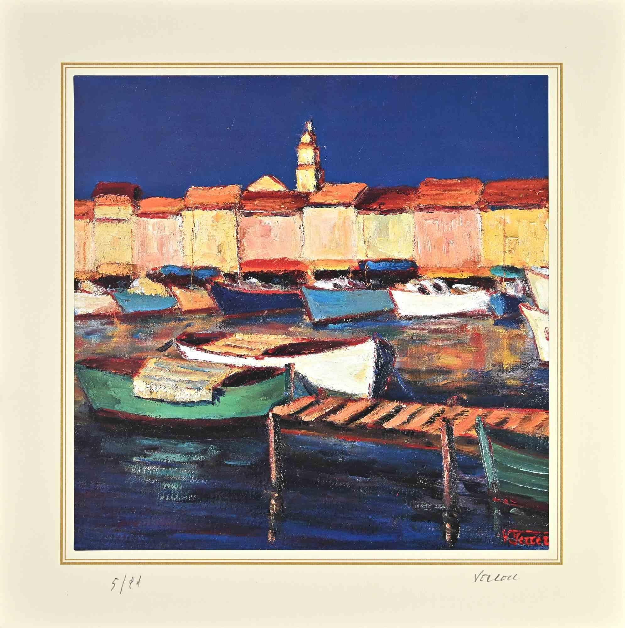 The Picturesque Harbor is a lithograph attributed to Nicholas Verrall (1945) in the Late 20th Century.

Hand-signed on the right corner. Numbered, Edition, 5/99, on the left margin. On the back is the label of the certificate of  authenticity.

The