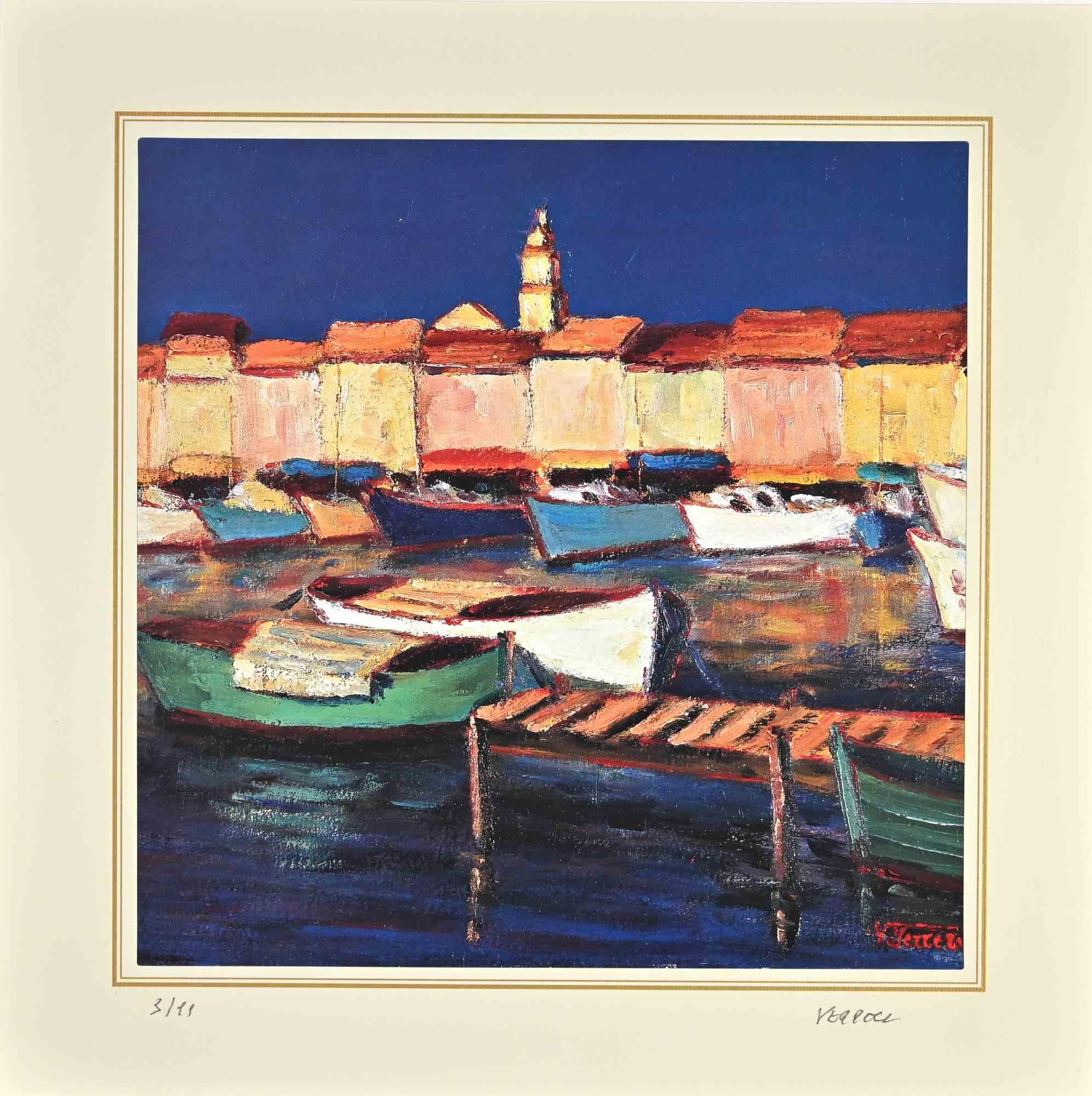 The Picturesque Harbor is a lithograph attributed to Nicholas Verrall (1945) in the Late 20th Century.

Hand-signed on the right corner. Numbered, Edition, 3/99, on the left margin. On the back is the label of the certificate of  authenticity.

The