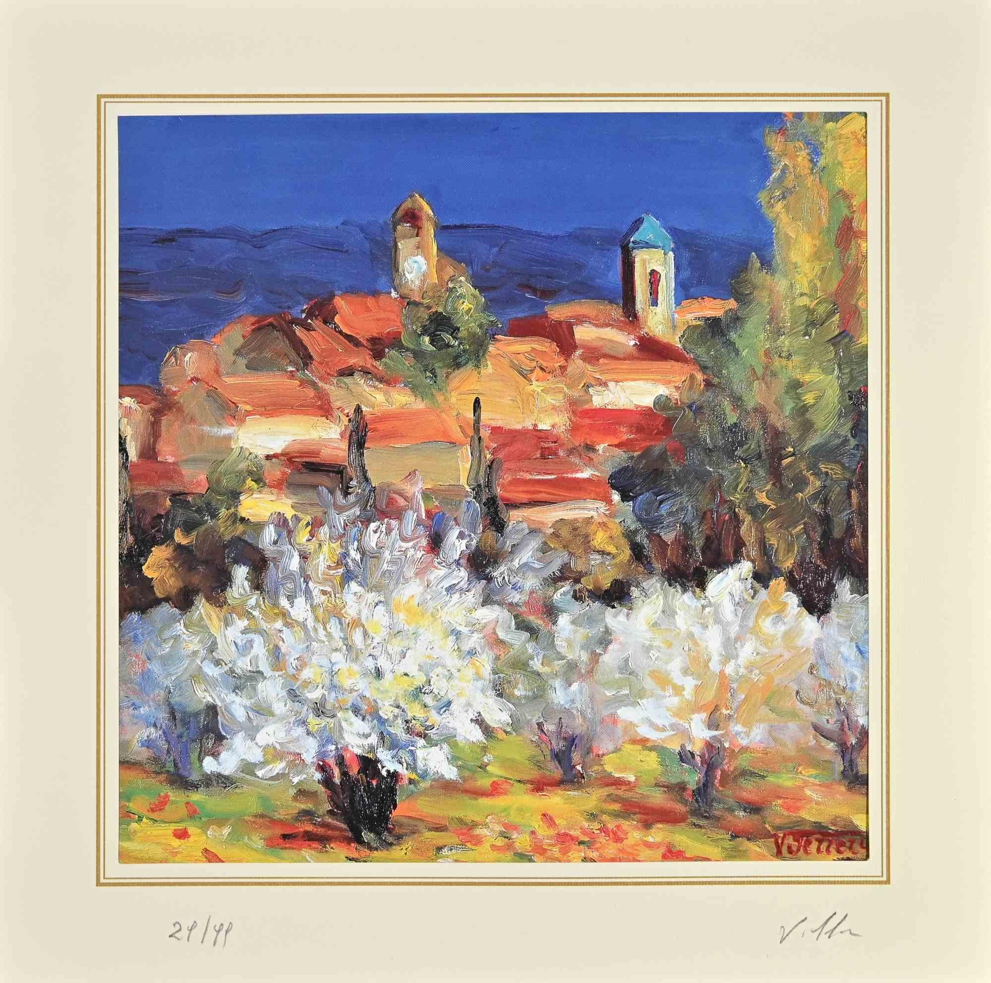 The Village is a lithograph attributed to Nicholas Verrall (1945)  in the Late 20th Century.

Hand-signed on the right corner. Numbered, Edition, 29/99, on the left margin. On the back is the label of the certificate of  authenticity.

The artwork