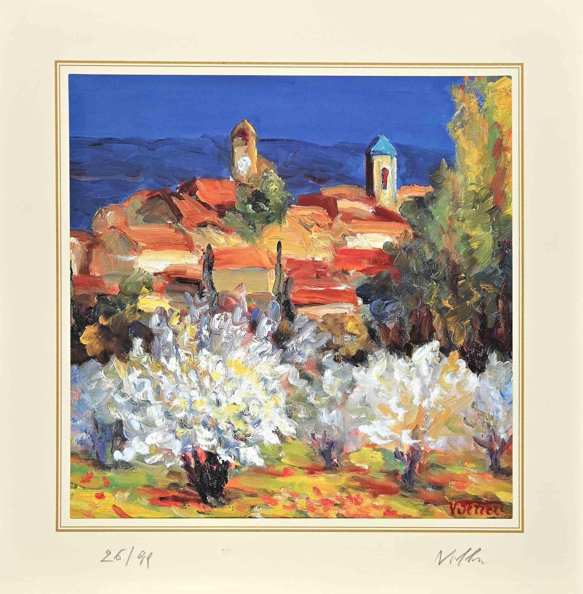  The Village is a lithograph attributed to Nicholas Verrall (1945)  in the Late 20th Century.

Hand-signed on the right corner. Numbered, Edition, 26/99, on the left margin. On the back is the label of the certificate of  authenticity.

The artwork