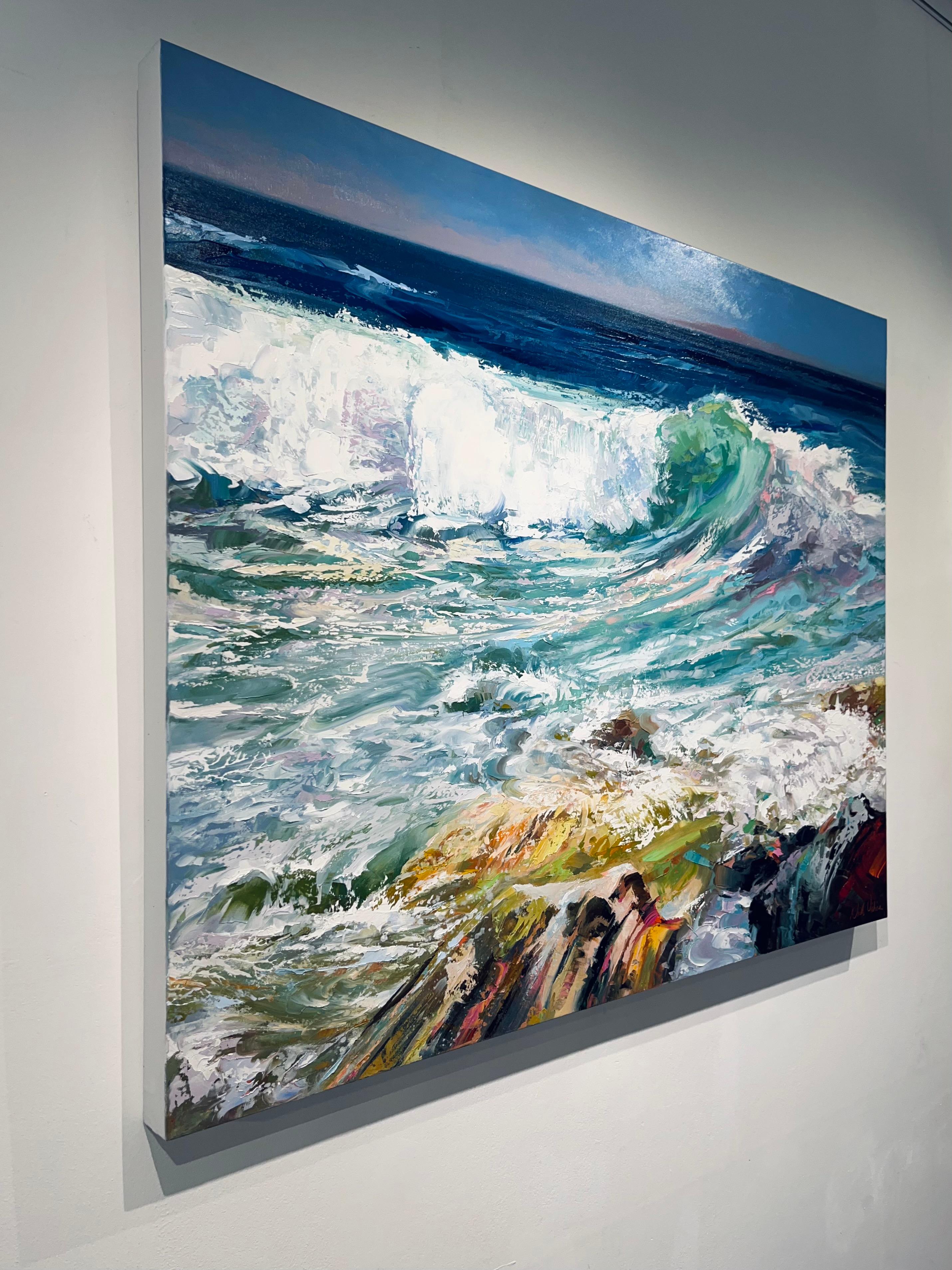 Breaking Wave - modern art expressionist seascape vivid colour waterscape (vague déferlante) - Gris Landscape Painting par Nicholas Vivian