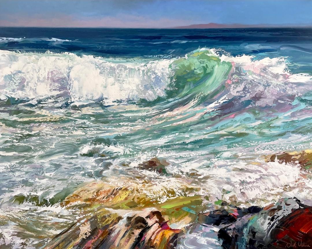 Nicholas Vivian Landscape Painting – Breaking Wave - moderne Kunst Expressionist Seestück lebendige Farbe Wasserlandschaft