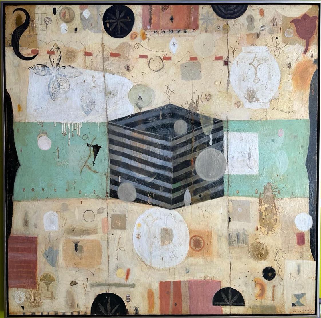 Nicholas Wilton Abstract Painting – Magical Box Große abstrakte Schachtel auf Holzplatte