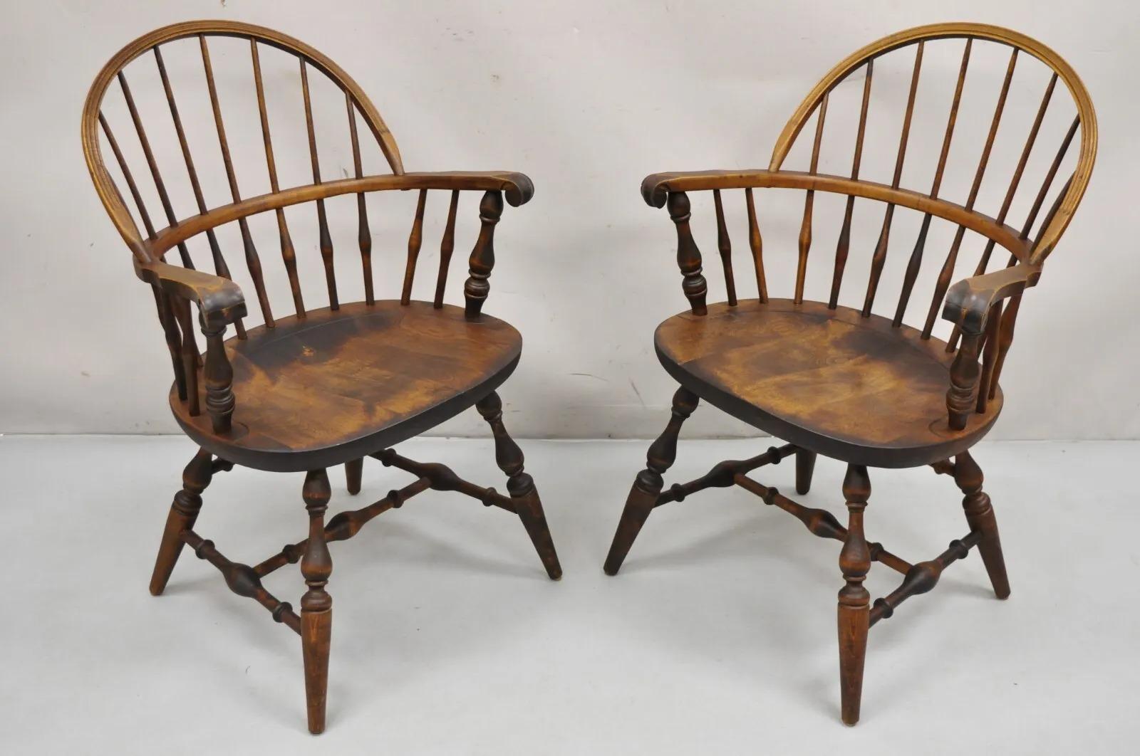 Nichols & Stone Rock Maple Wood Bowback Colonial Windsor Arm Chairs - a Pair For Sale 5