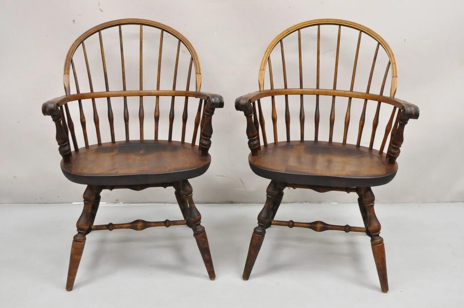 Nichols & Stone Rock Maple Wood Bowback Colonial Windsor Arm Chairs - a Pair. Circa Mid 20th Century. Measurements: 35