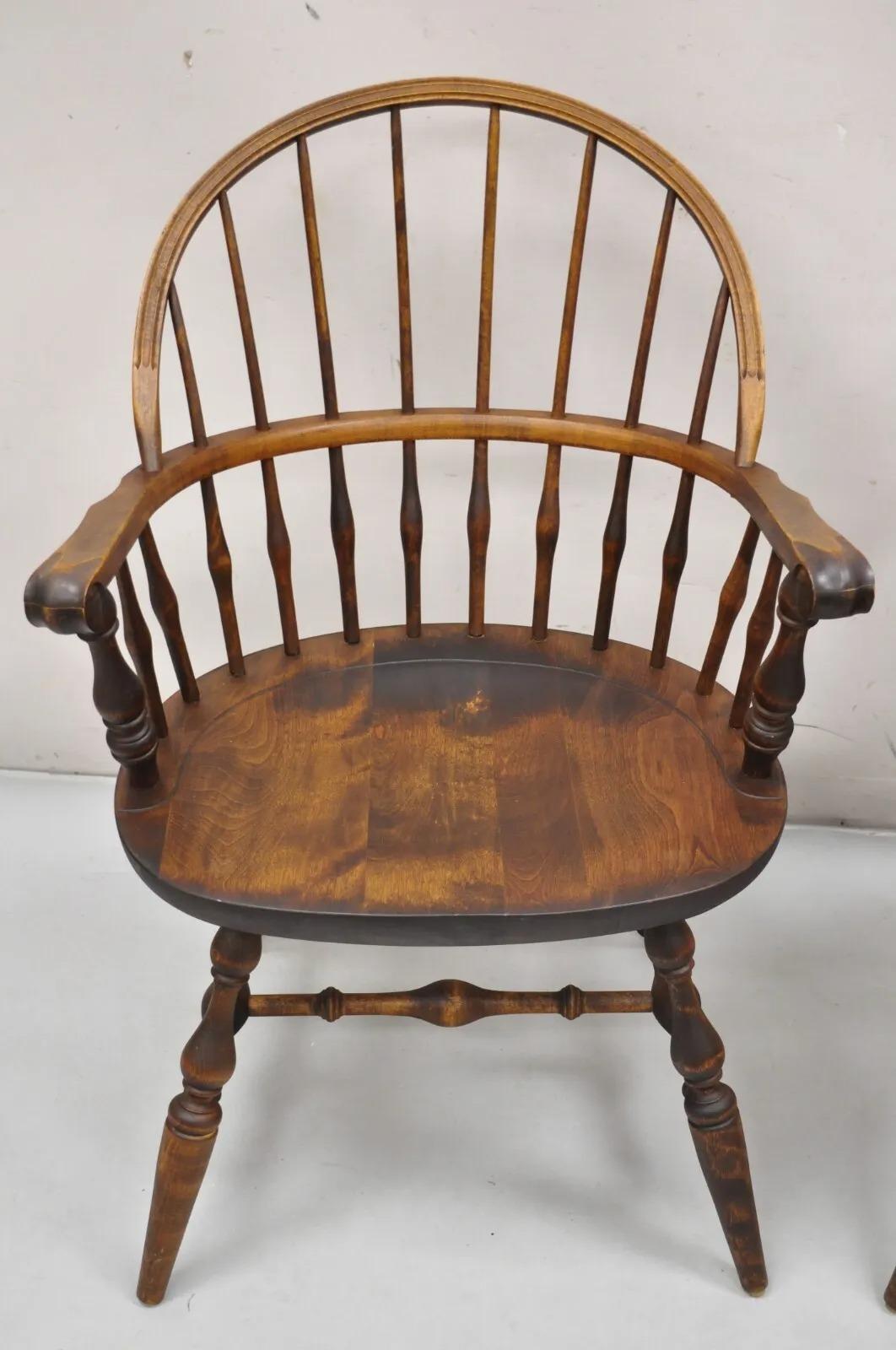 American Colonial Nichols & Stone Rock Maple Wood Bowback Colonial Windsor Arm Chairs - a Pair For Sale