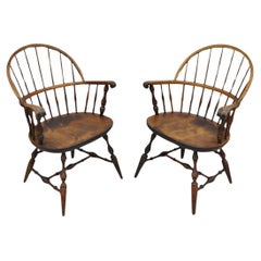 Retro Nichols & Stone Rock Maple Wood Bowback Colonial Windsor Arm Chairs - a Pair
