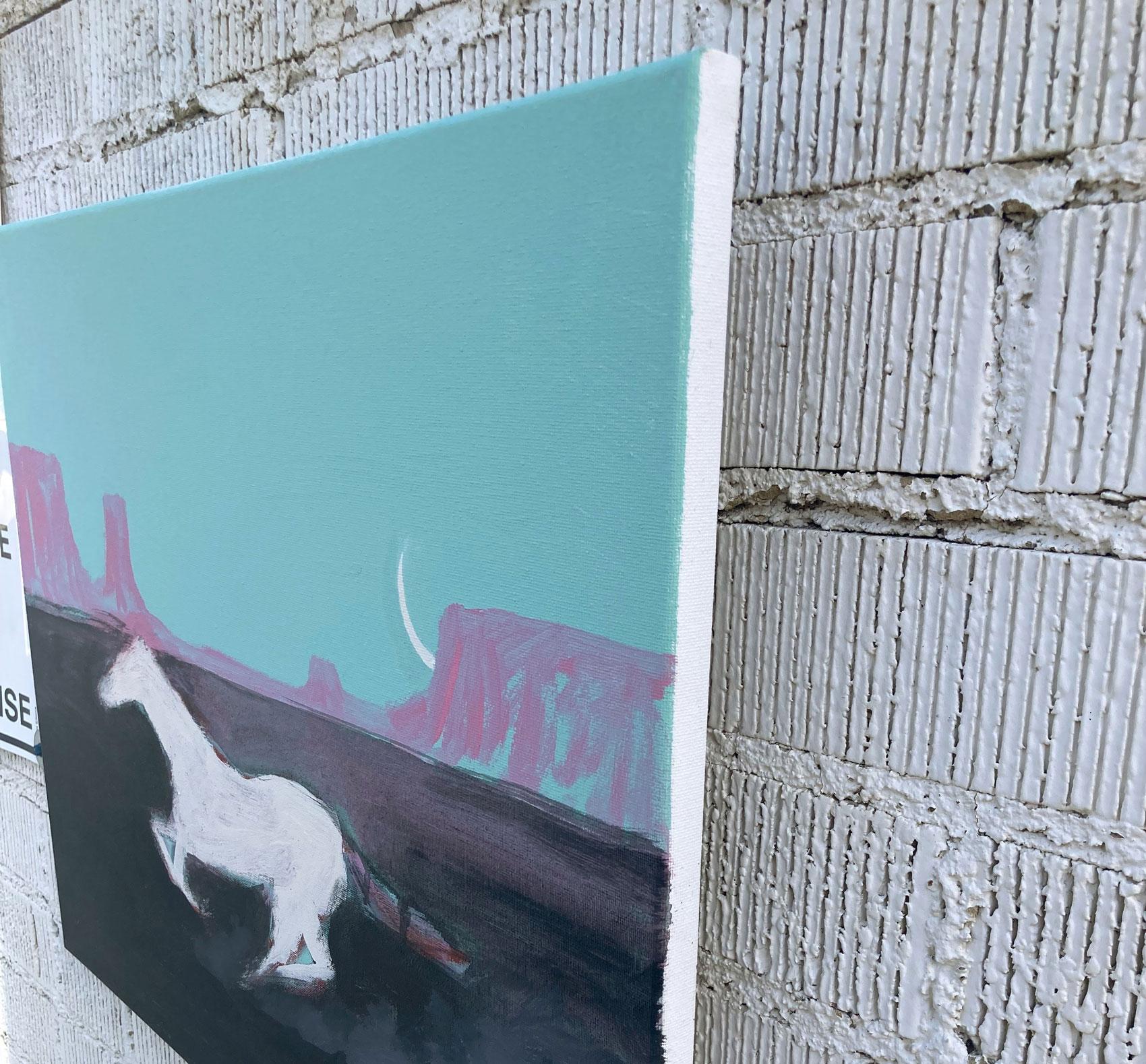 <p>Artist Comments<br>Artist Nick Bontorno presents an image of a white horse speeding through a vast canyon. The crescent moon peeks from the cliffs, casting a subtle glow. In his signature style, Nick renders the subject with minimal