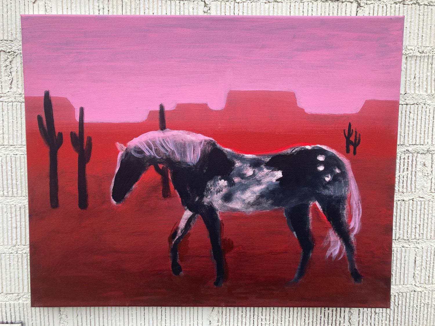 <p>Kommentare des Künstlers<br>Der Künstler Nick Bontorno präsentiert ein geflecktes Pferd, das durch ein Kaktusfeld in einer roten Wüste läuft. Sein weißes Haupt schwankt sanft, während er durch die Schlucht stapft. In seinem ausgeprägten