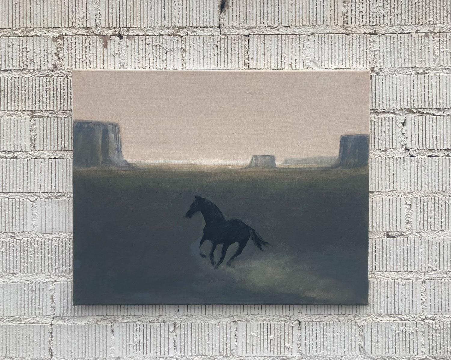 <p>Kommentare des Künstlers<br>Der Künstler Nick Bontorno malt ein schwarzes Pferd, das auf die fernen Wüstenklippen zuläuft. Er gibt das Thema mit minimaler Darstellung im Stil des Primitivismus wieder. Die Palette aus weichen Pastellfarben und die