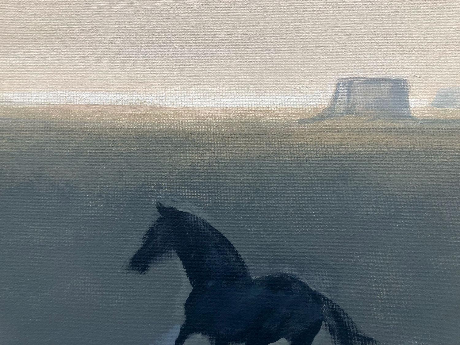 <p>Artist Comments<br>Artist Nick Bontorno paints a black horse running toward the distant desert bluffs. He renders the subject with minimal representation in the style of primitivism. The palette of soft pastels with the dark landscape complements