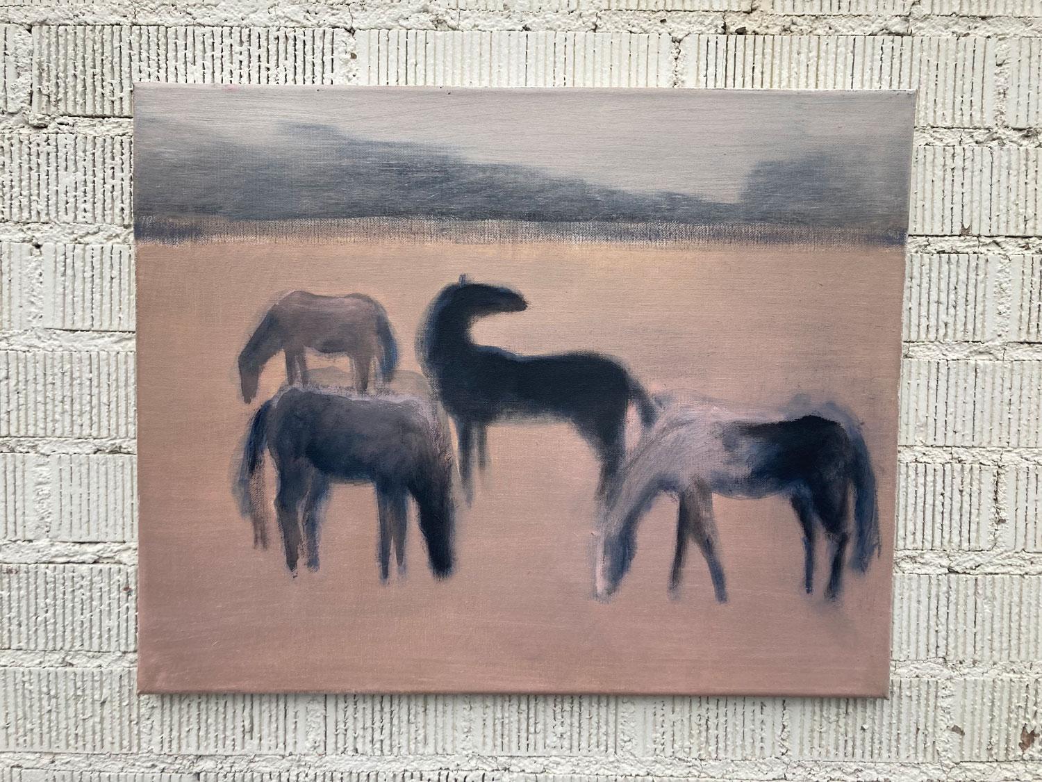 <p>Artist Comments<br>Artist Nick Bontorno displays four horses grazing in a wide field. The muted background directs the focal point toward the charcoal-black subjects. Nick charmingly employs the fundamentals of primitivism with his unique touch.