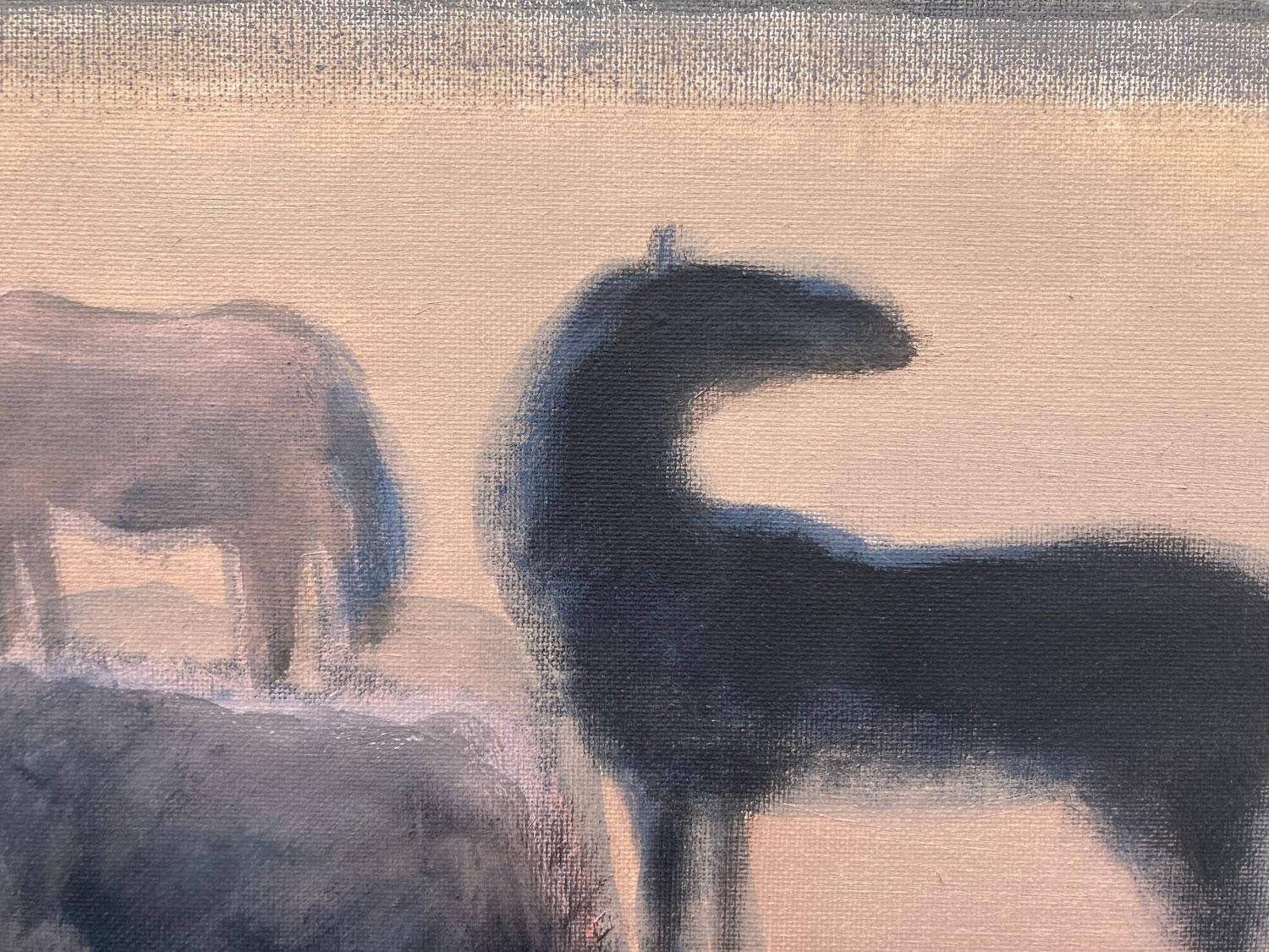 <p>Commentaires de l'artiste<br>L'artiste Nick Bontorno représente quatre chevaux broutant dans un vaste champ. L'arrière-plan atténué attire l'attention sur les sujets noirs comme le charbon. Nick utilise avec charme les principes fondamentaux du