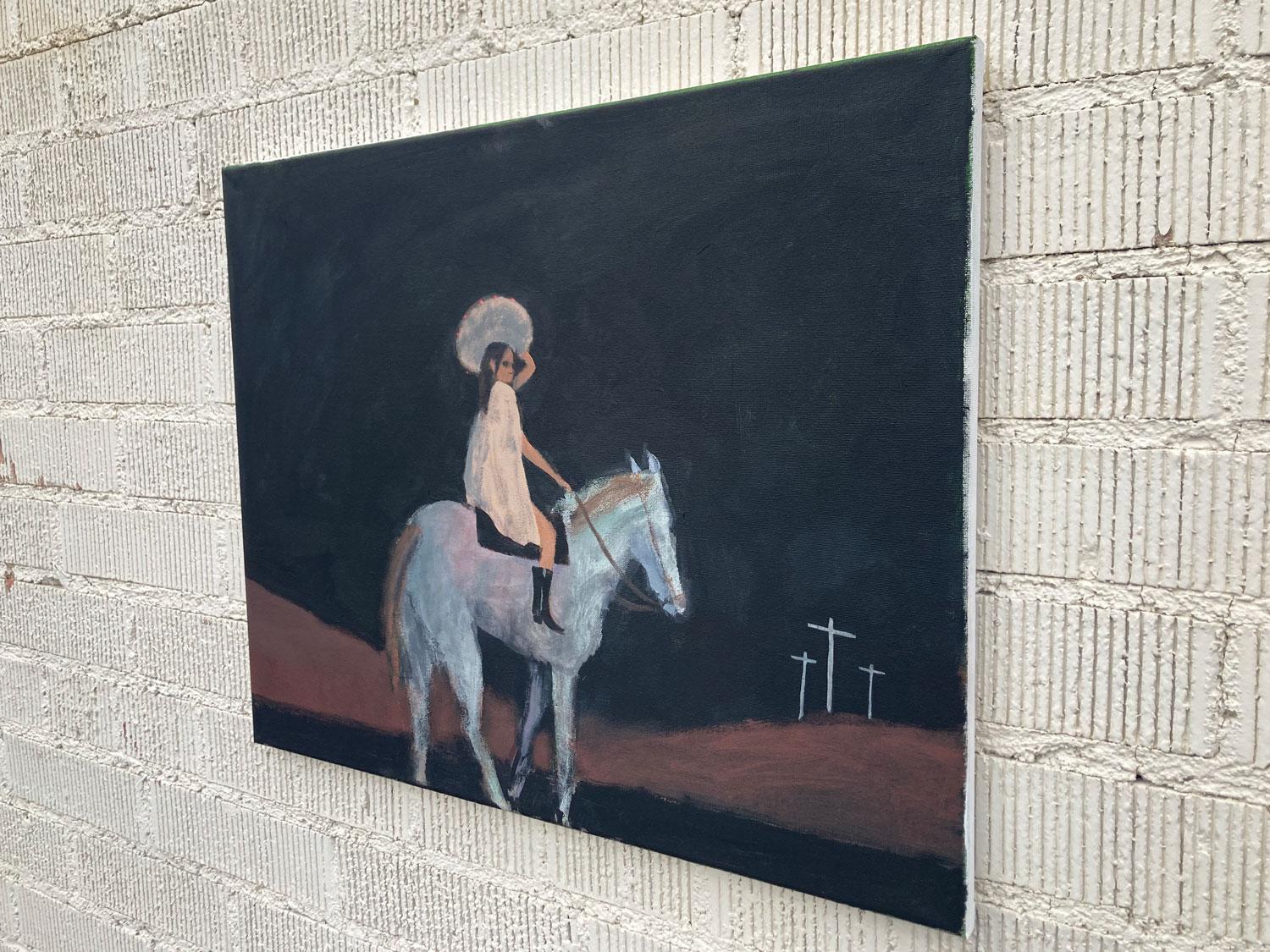 <p>Artist Comments<br>A woman rides a horse toward crosses in the night in artist Nick Bontorno's piece. In his distinct primitivist style, he renders the work with minimal representation. The girl holds her hat as she peers out at the evening