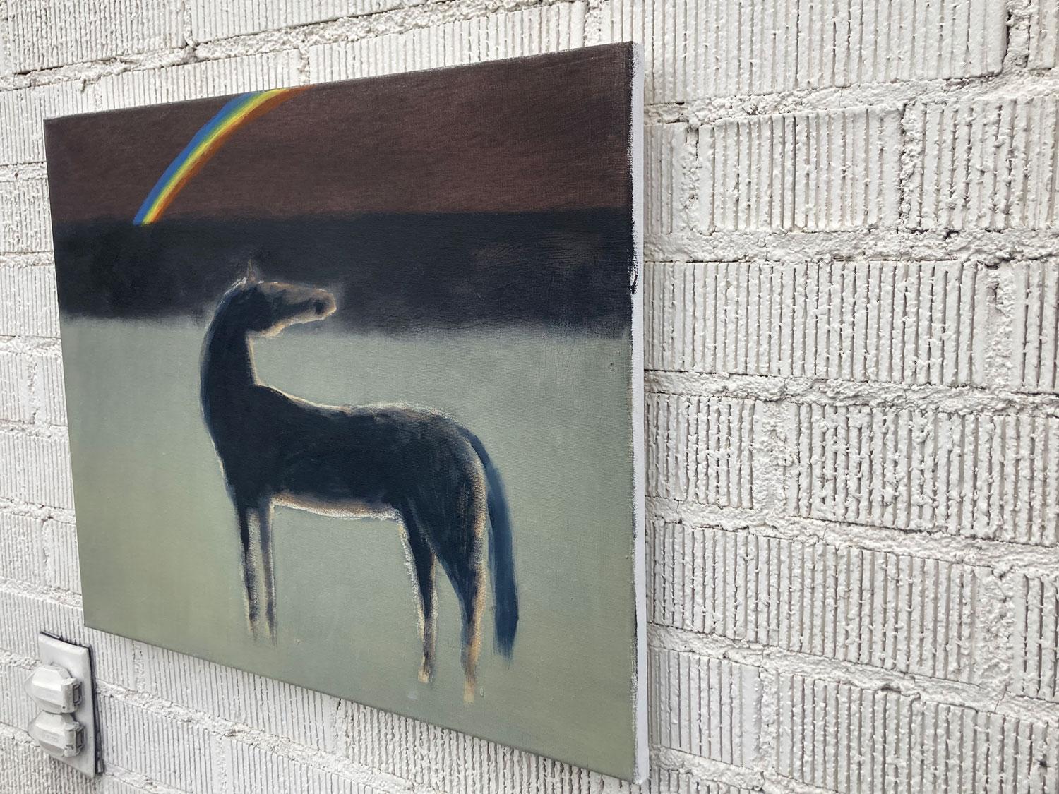<p>Artist Comments<br>Artist Nick Bontorno presents a majestic horse gazing at the sky in dark earth tones. A lustrous rainbow shines on the horizon as a soft mist blankets the vast desert. Nick's signature painterly approach creates an atmosphere