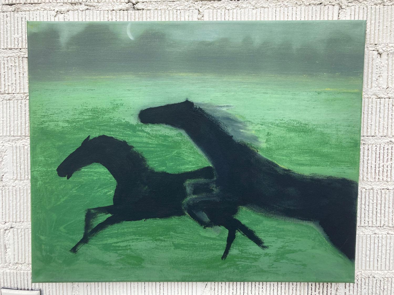 <p>Kommentare des Künstlers<br>Der Künstler Nick Bontorno zeigt ein Bild von zwei schwarzen Pferden, die durch eine grüne Wiese laufen. Der abnehmende Mond verschwindet in der Nacht und wirft ein subtiles, durchscheinendes Licht auf die neblige