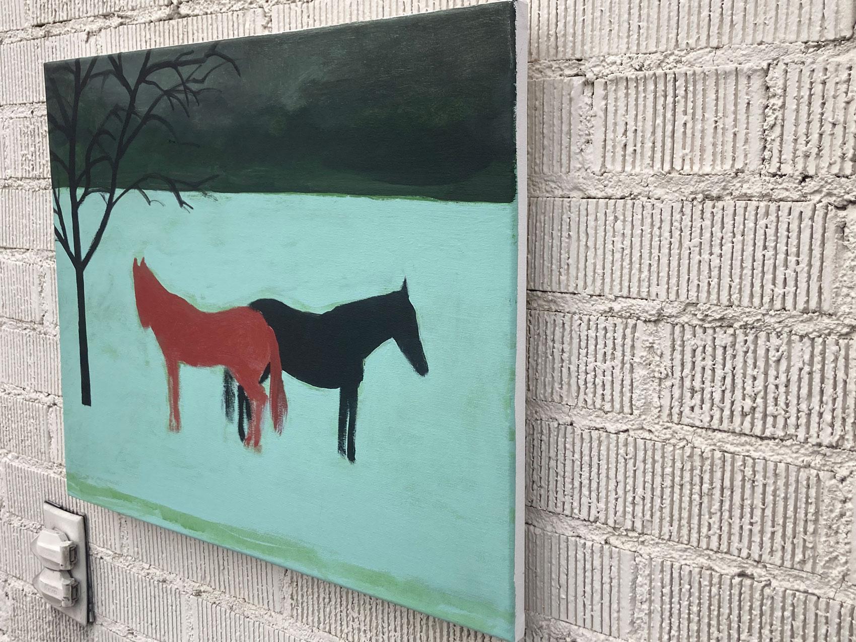 <p>Artist Comments<br>Artist Nick Bontorno displays two horses facing away from each other. Their contrasting black and red coats allow both subjects to stand out against the pale landscape. Nick charmingly employs the fundamentals of primitivism