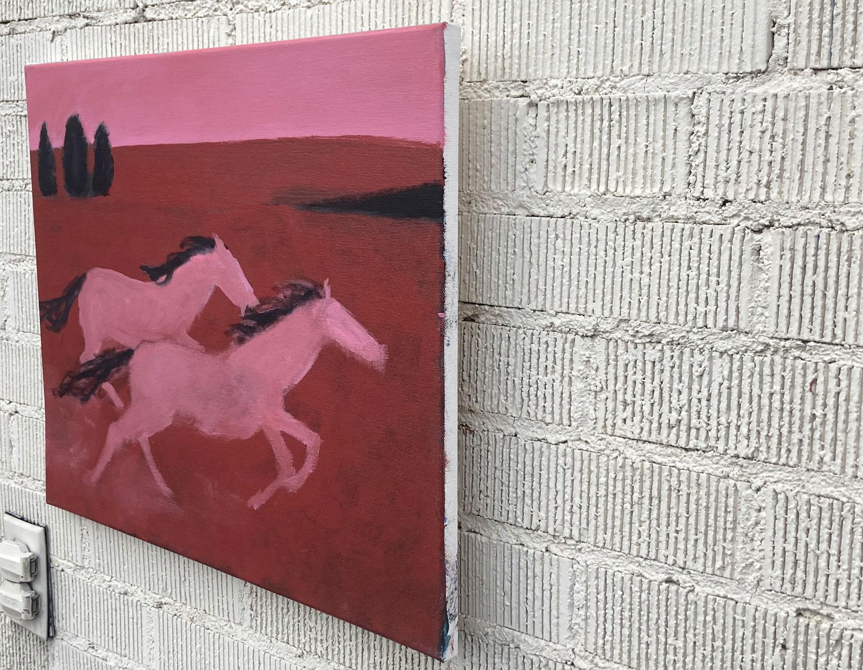 <p>Artist Comments<br>Two pink horses run through a broad expanse in artist Nick Bontorno's piece. The vibrant red hues of the galloping equines radiate an intense vitality and spirit. Nick paints in a primitive style, creating an atmosphere of