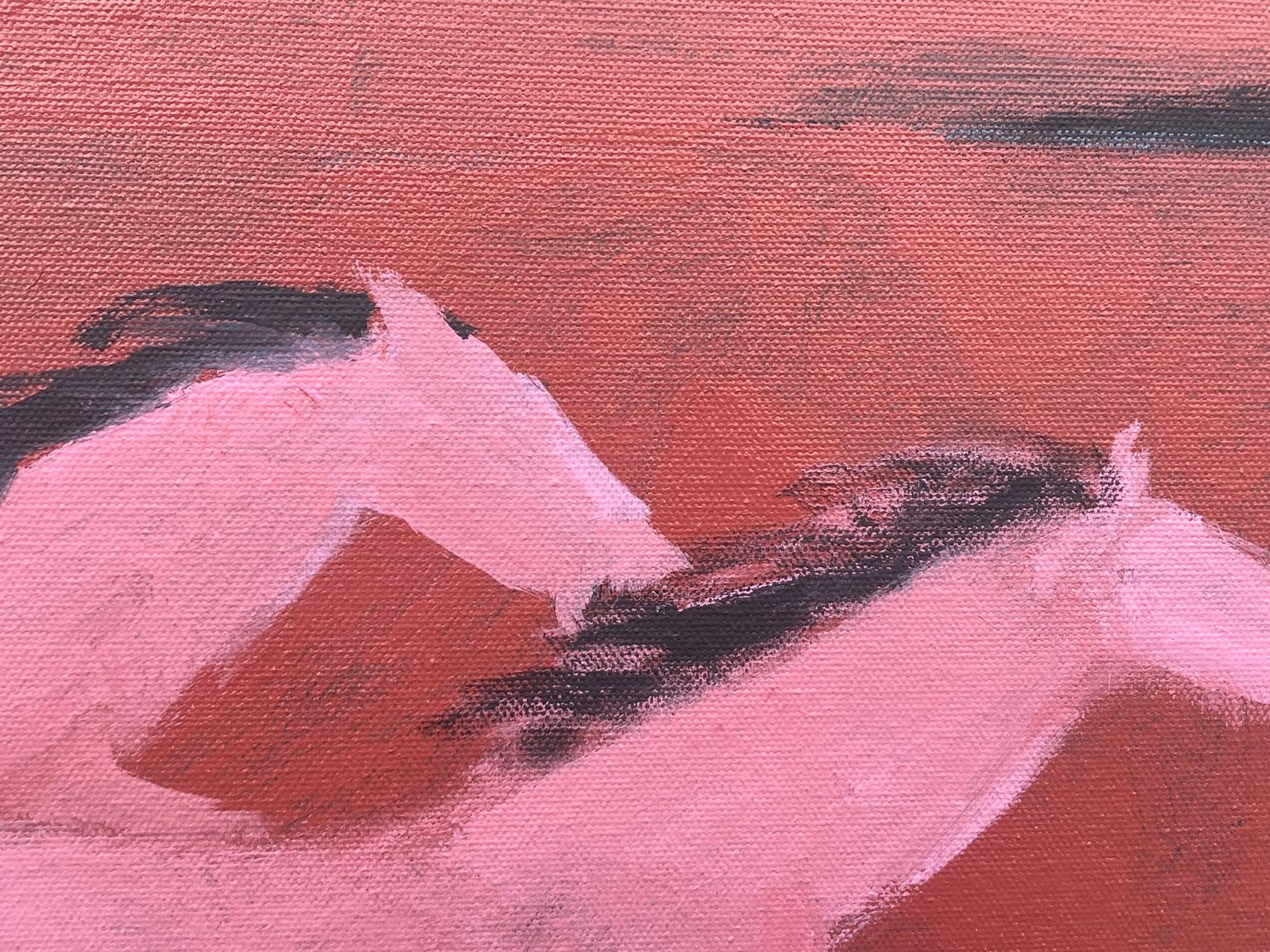 <p>Kommentare des Künstlers<br>In dem Werk des Künstlers Nick Bontorno laufen zwei rosafarbene Pferde durch eine große Weite. Die leuchtenden Rottöne der galoppierenden Pferde strahlen eine intensive Vitalität und Lebensfreude aus. Nick malt in
