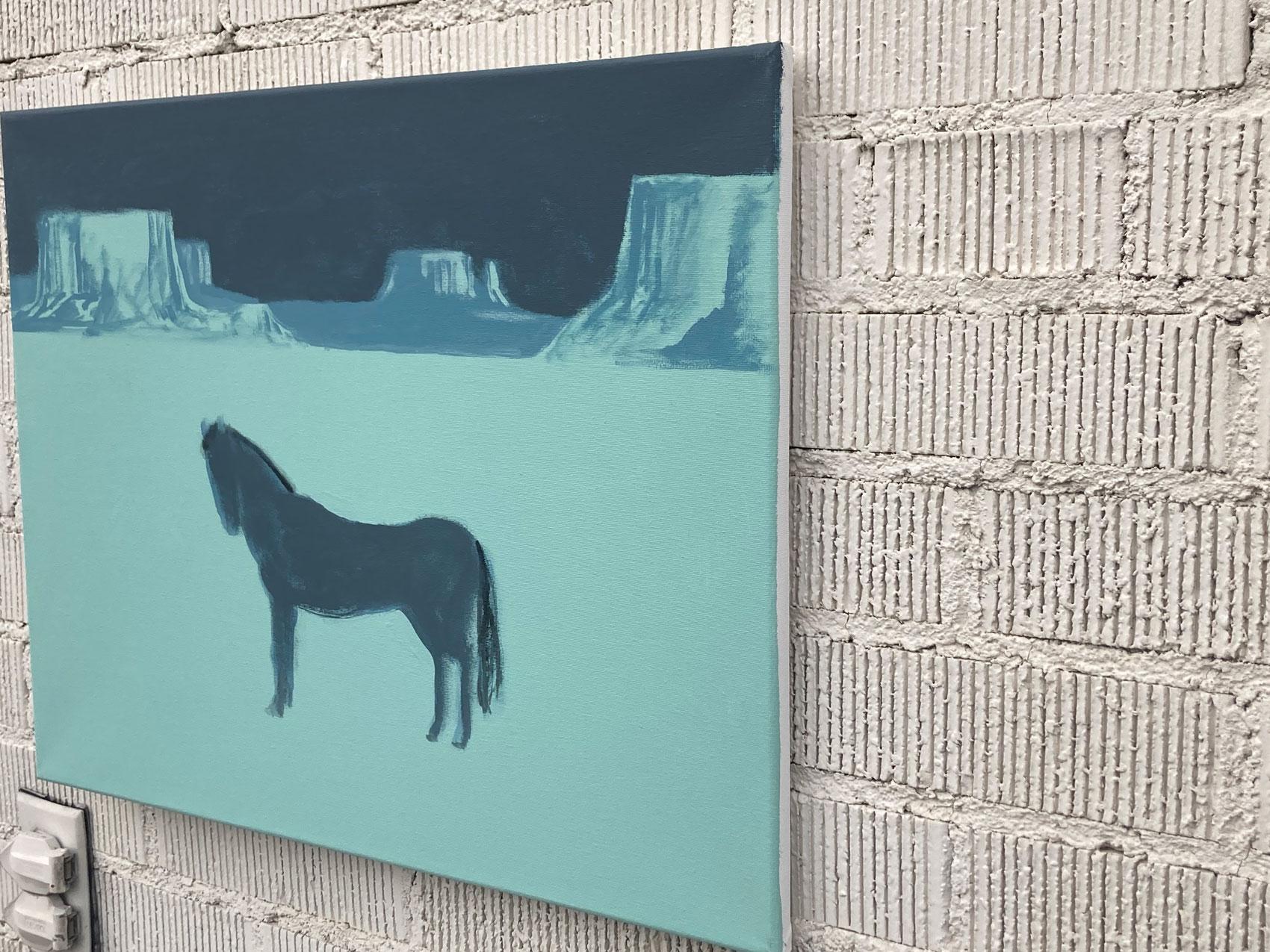 <p>Artist Comments<br>Artist Nick Bontorno paints a lone horse standing in a vast canyon. The pale blue tones and minimal representation display a relaxed resonance throughout the barren pastoral landscape. His painterly approach further creates an