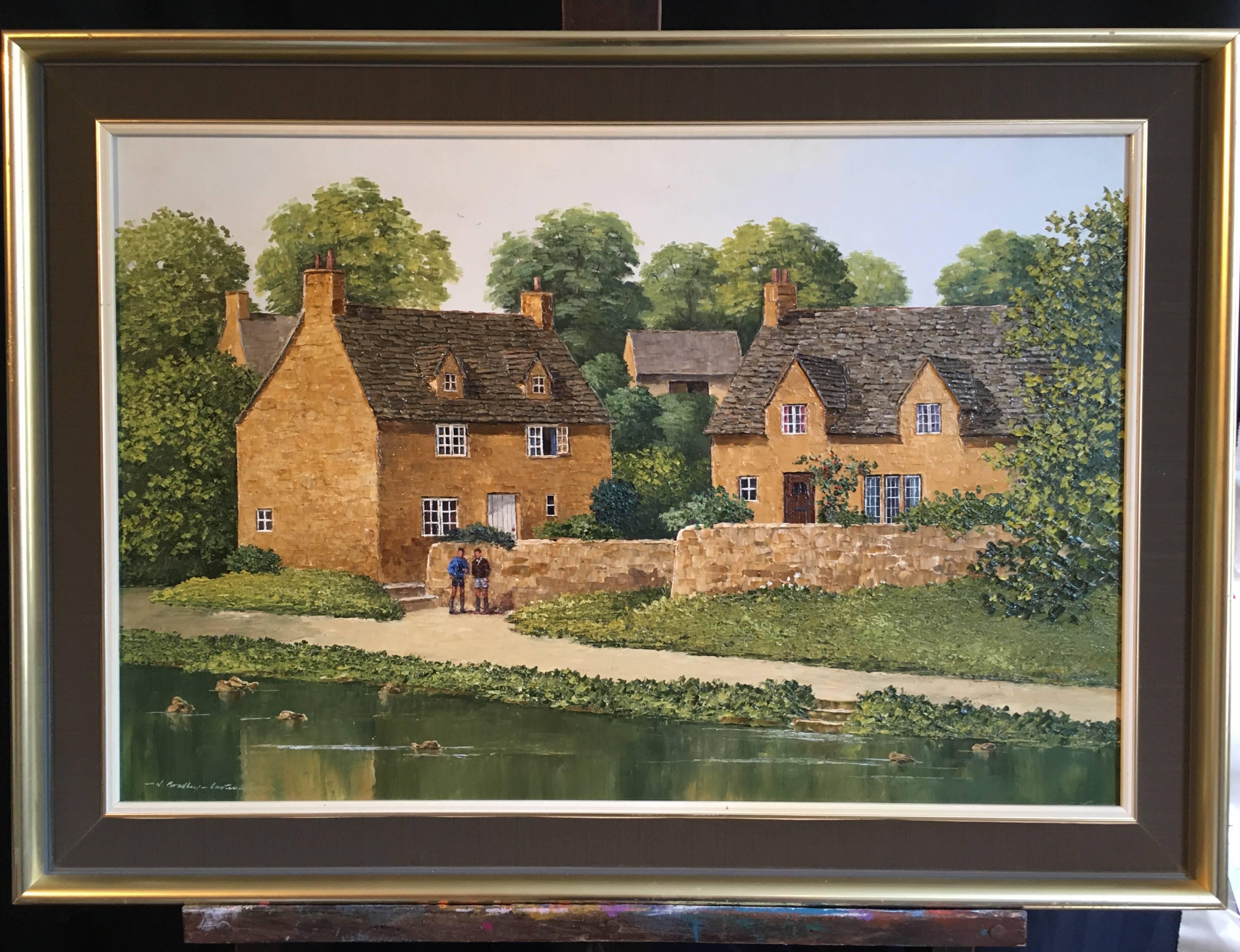 Cotswolds Cottages Riverside English Village Large Landscape Signed Oil - Painting by Nick Bradley-Capture