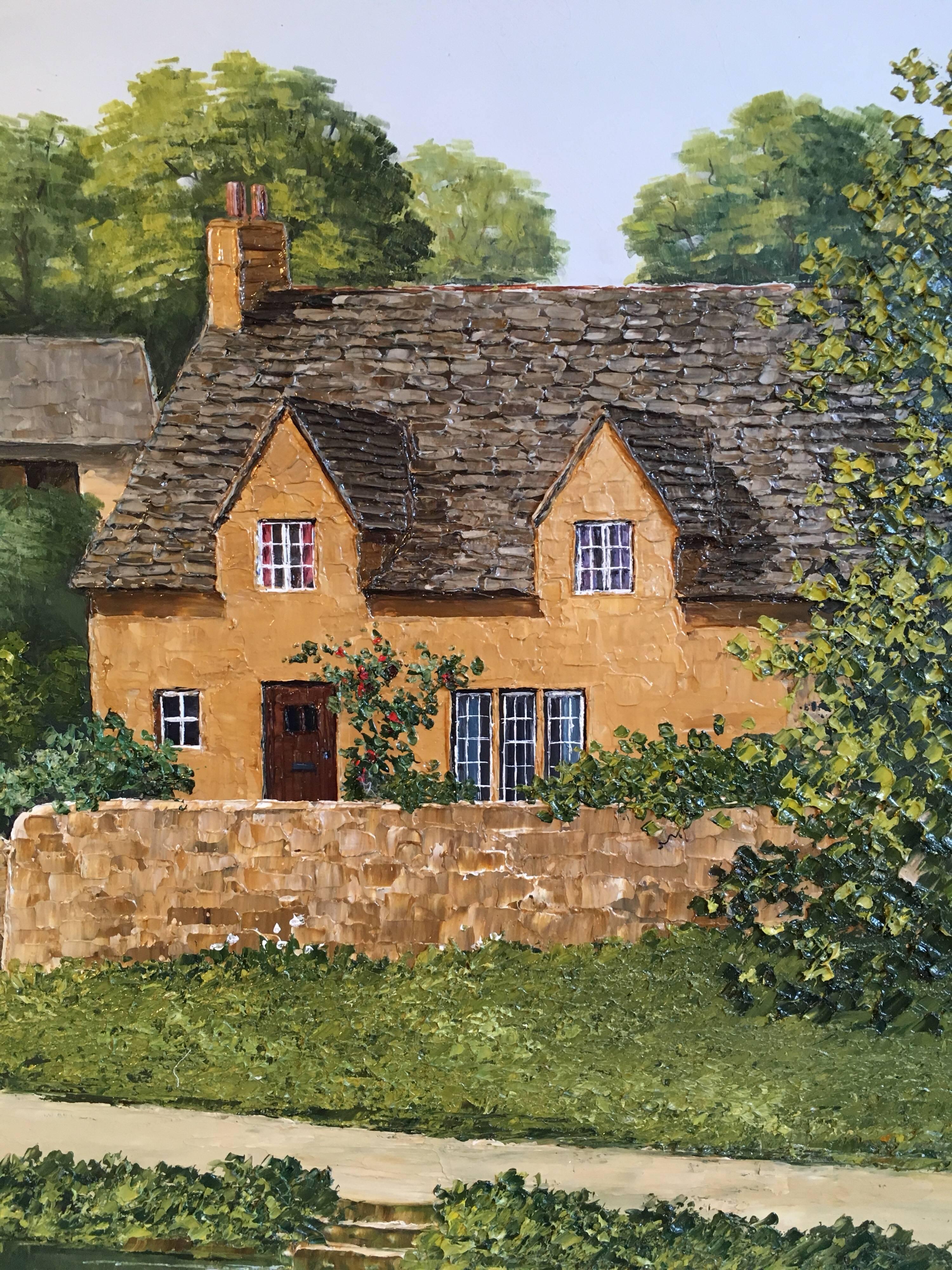 Cotswolds Cottages Riverside English Village Large Landscape Signed Oil - Impressionist Painting by Nick Bradley-Capture