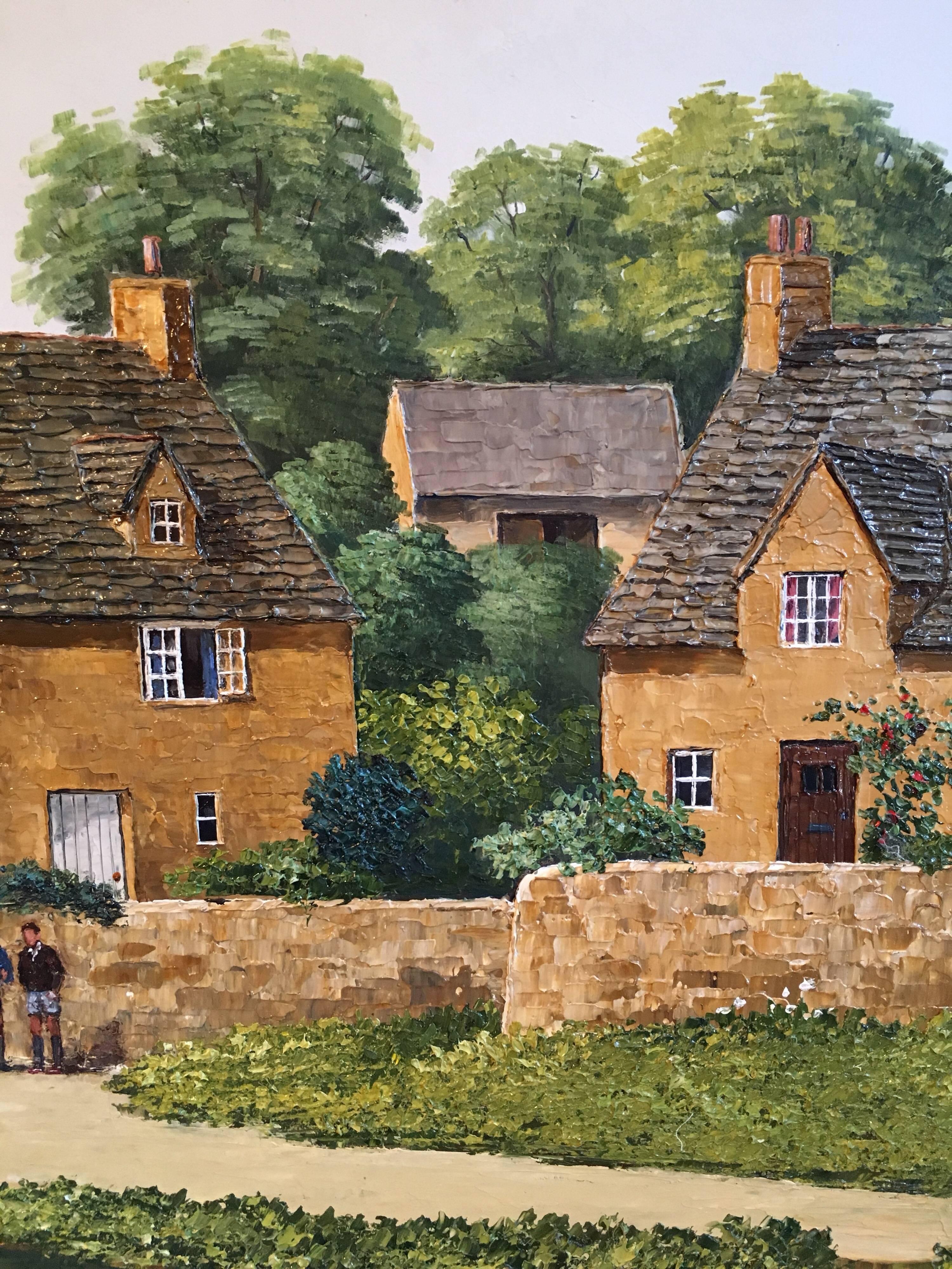 Cotswolds Cottages Riverside English Village Large Landscape Signed Oil - Brown Landscape Painting by Nick Bradley-Capture
