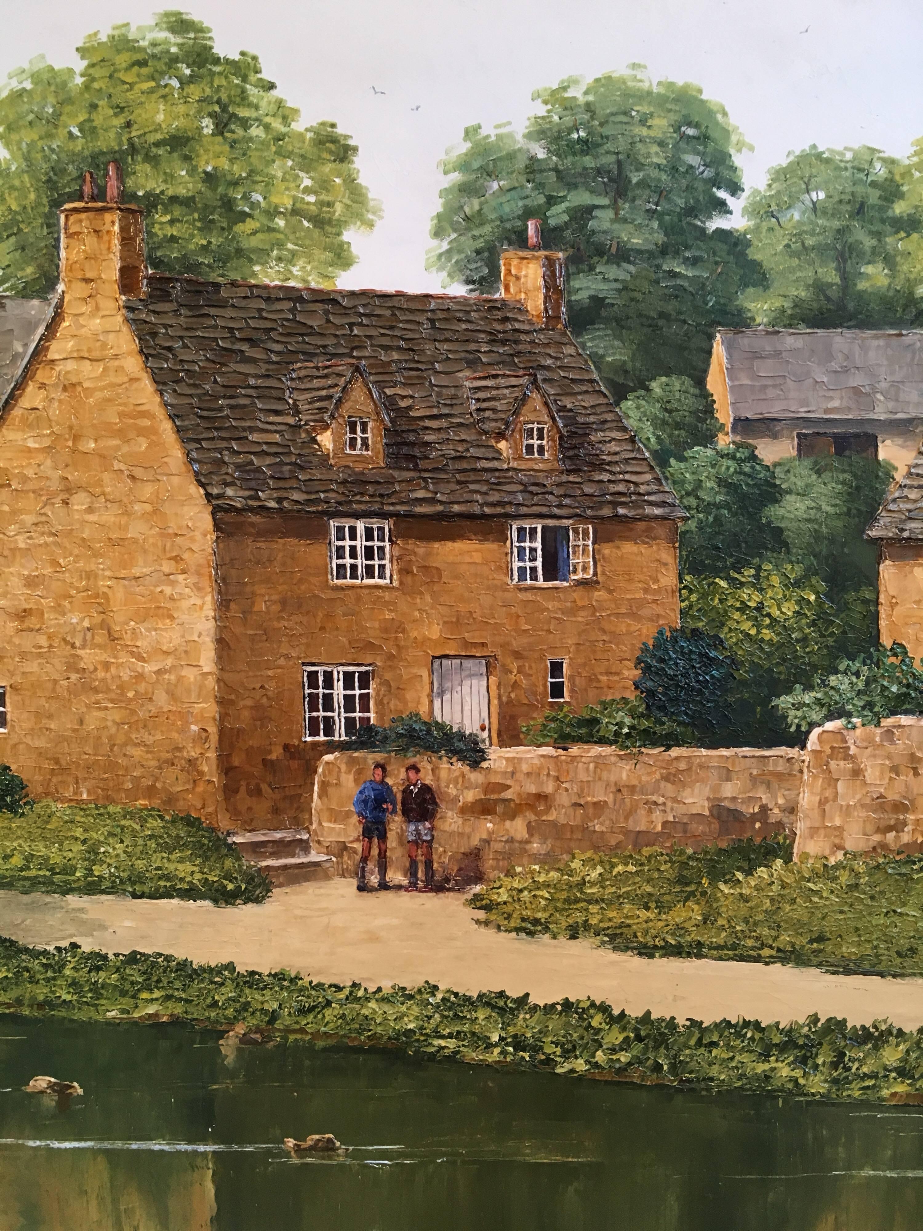 English Cottages, Large Landscape, Signed Oil
British schooled artist 'Nick Bradley-Capture' 20th Century
Signed by the artist on the lower left hand corner, signed verso
Oil painting on canvas, framed
Framed size: 35 x 25 inches

Idyllic scene of