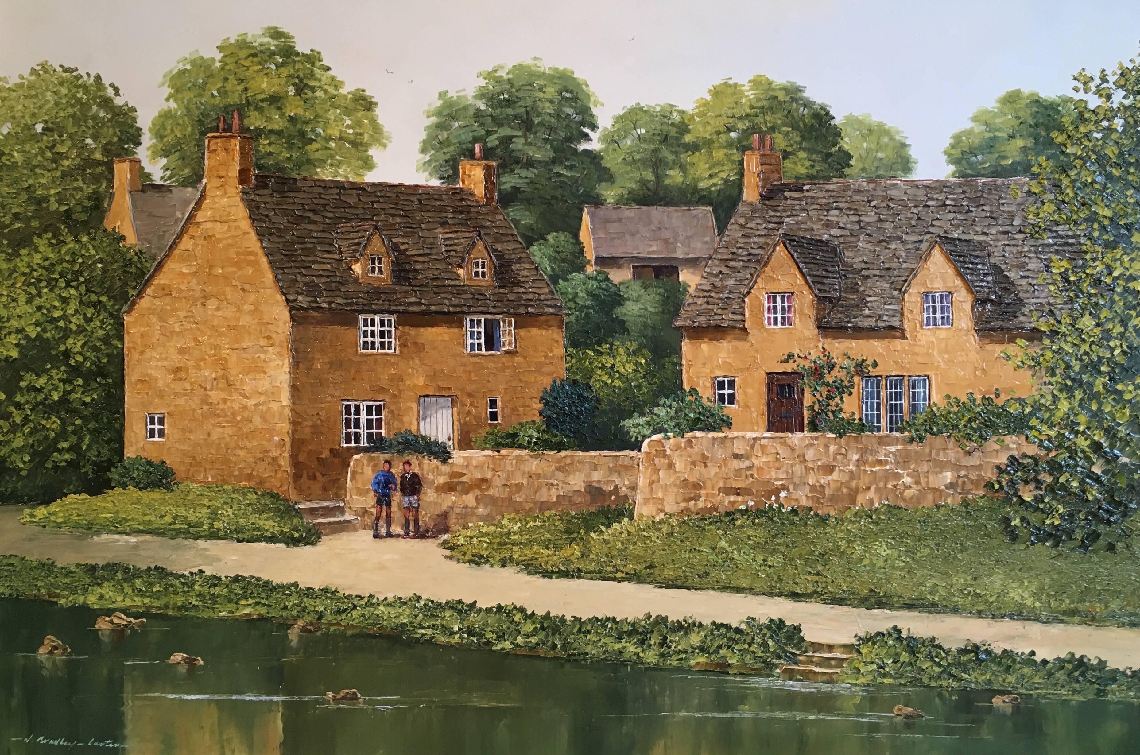 Nick Bradley-Capture Landscape Painting - Cotswolds Cottages Riverside English Village Large Landscape Signed Oil