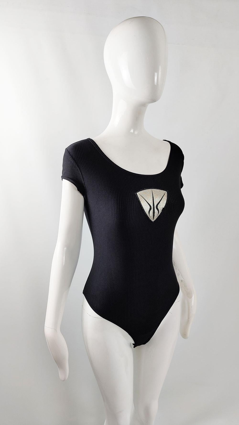 Nick Coleman Vintage Womens Black Bodycon Embroidered Bodysuit Top For Sale 1
