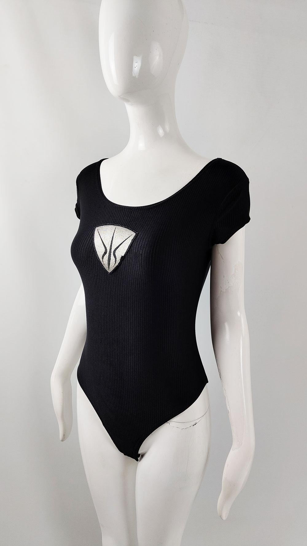 Nick Coleman Vintage Womens Black Bodycon Embroidered Bodysuit Top For Sale 2