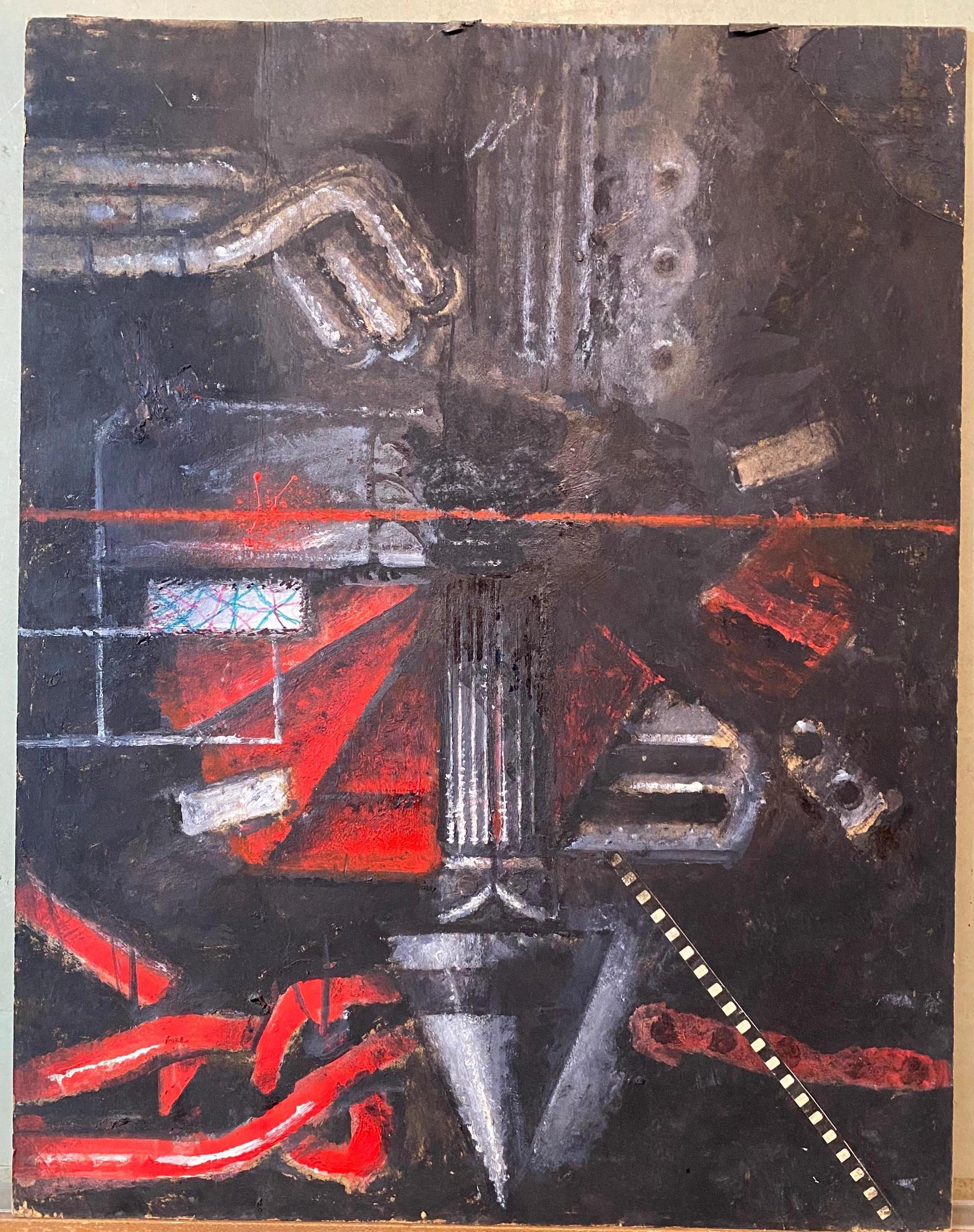 Mixed Media Collage Oil Painting Futuristic Abstract Expressionist Machine Art - Gray Abstract Painting by Nick de Angelis