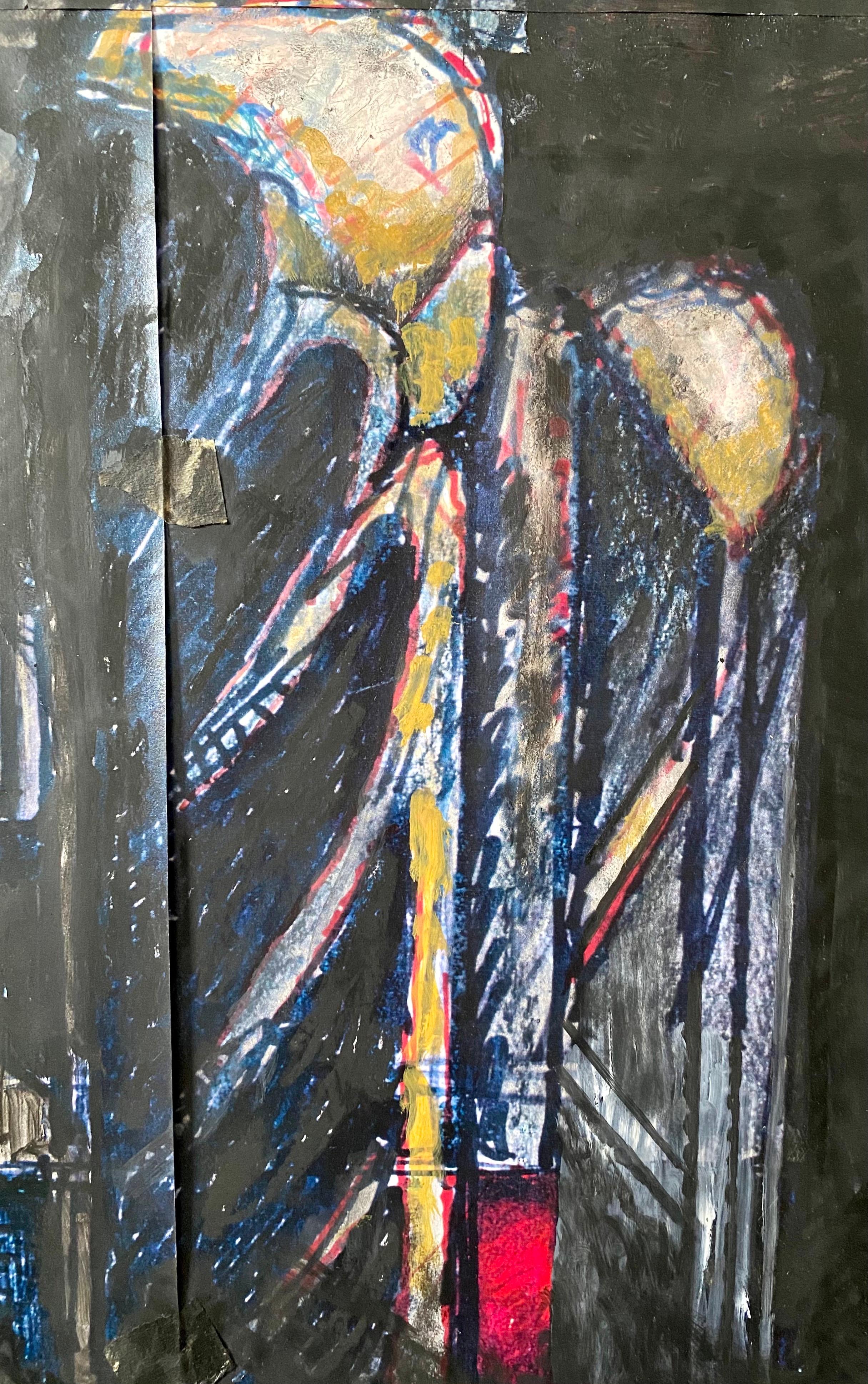 Mixed Media Collage Oil Painting Futuristic Abstract Expressionist Machine Art - Black Abstract Painting by Nick de Angelis
