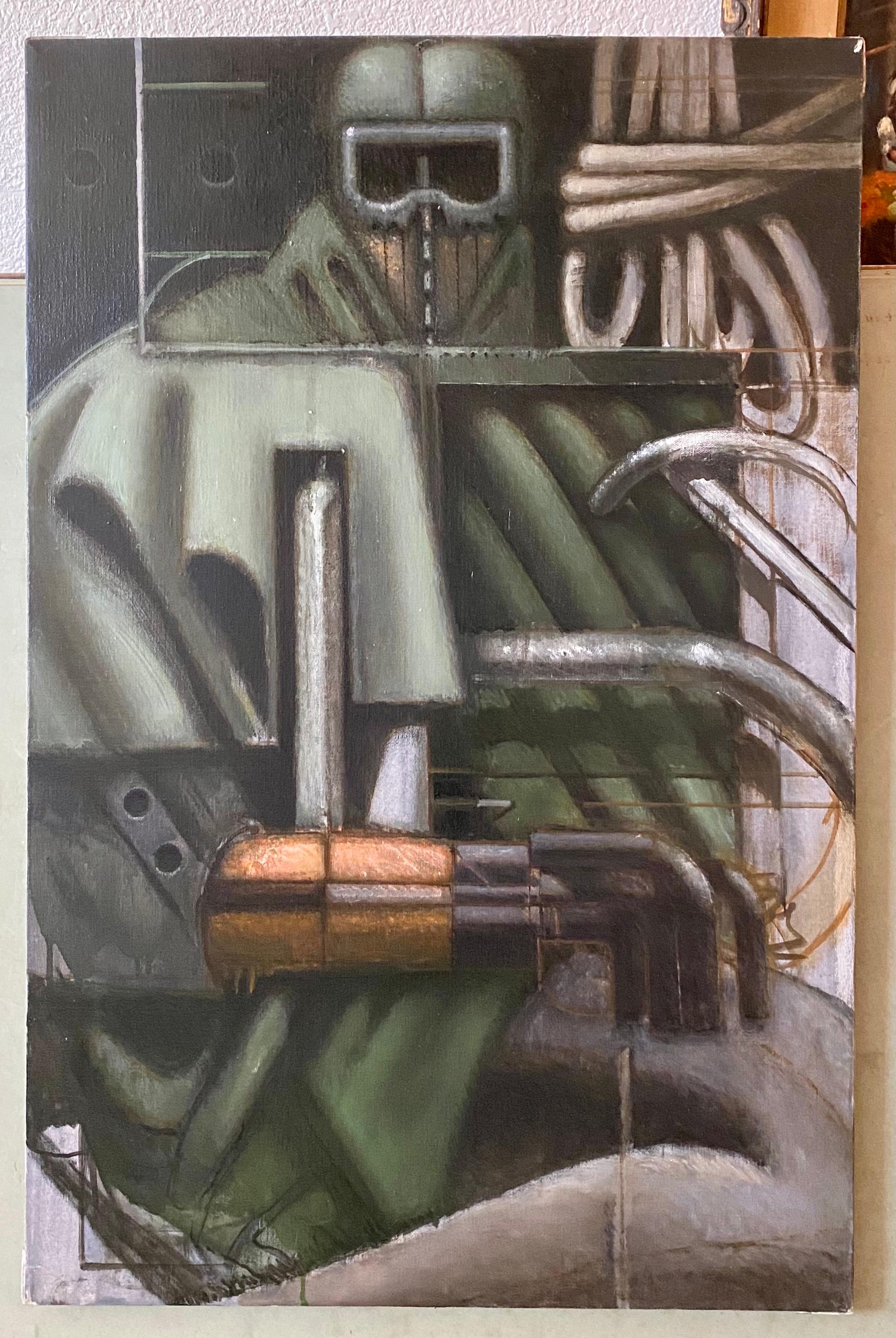 Mixed Media Collage Oil Painting Futuristic Abstract Expressionist Machine Art - Gray Figurative Painting by Nick de Angelis