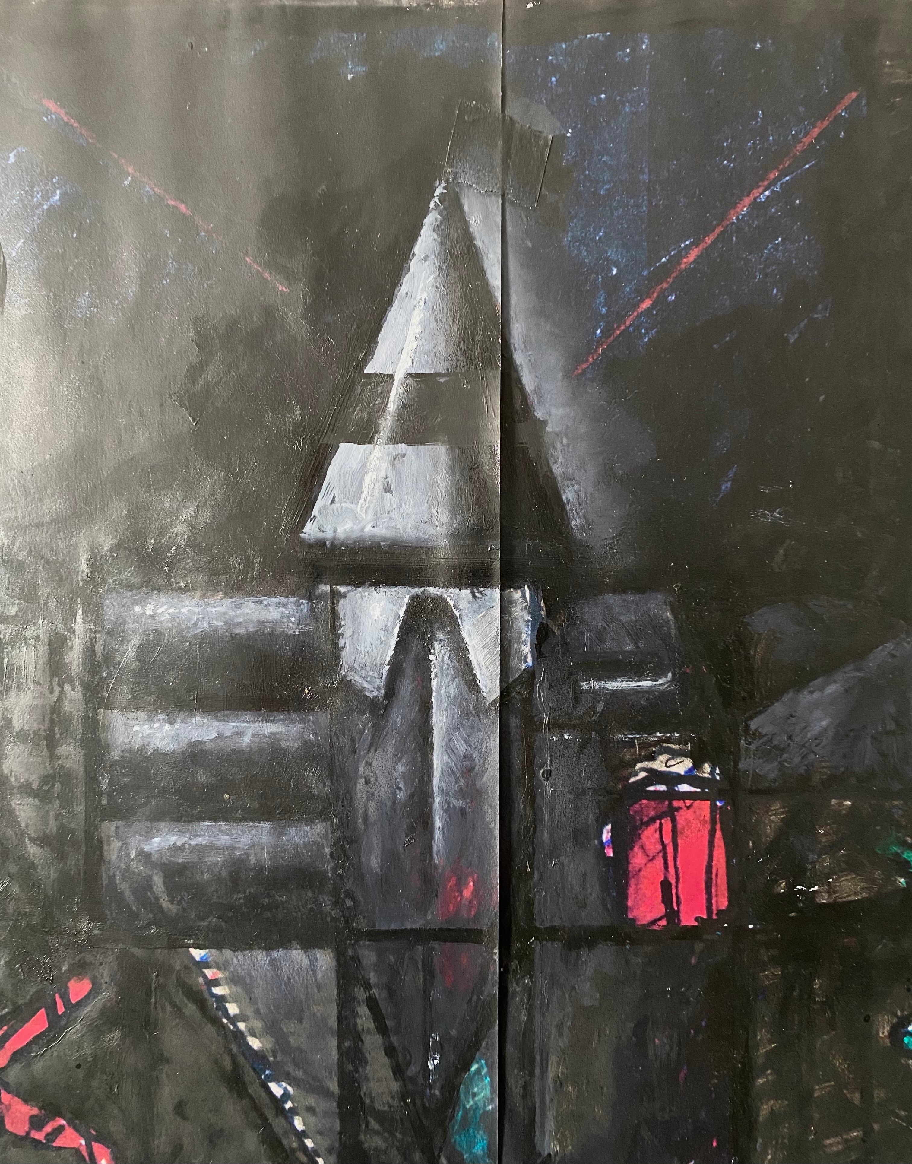 Mixed Media Collage Oil Painting Futuristic Abstract Expressionist Machine Art For Sale 1