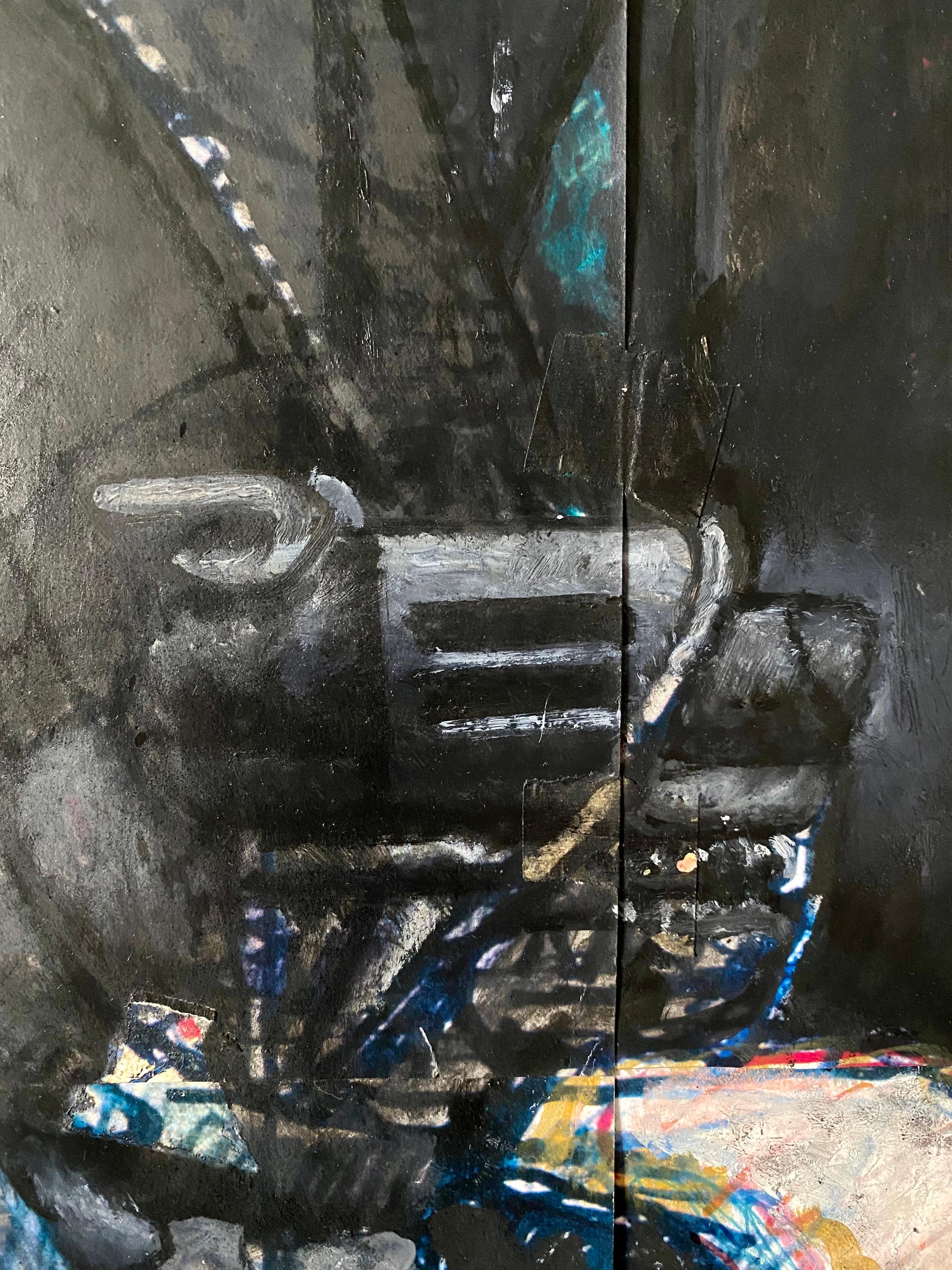Mixed Media Collage Oil Painting Futuristic Abstract Expressionist Machine Art For Sale 2
