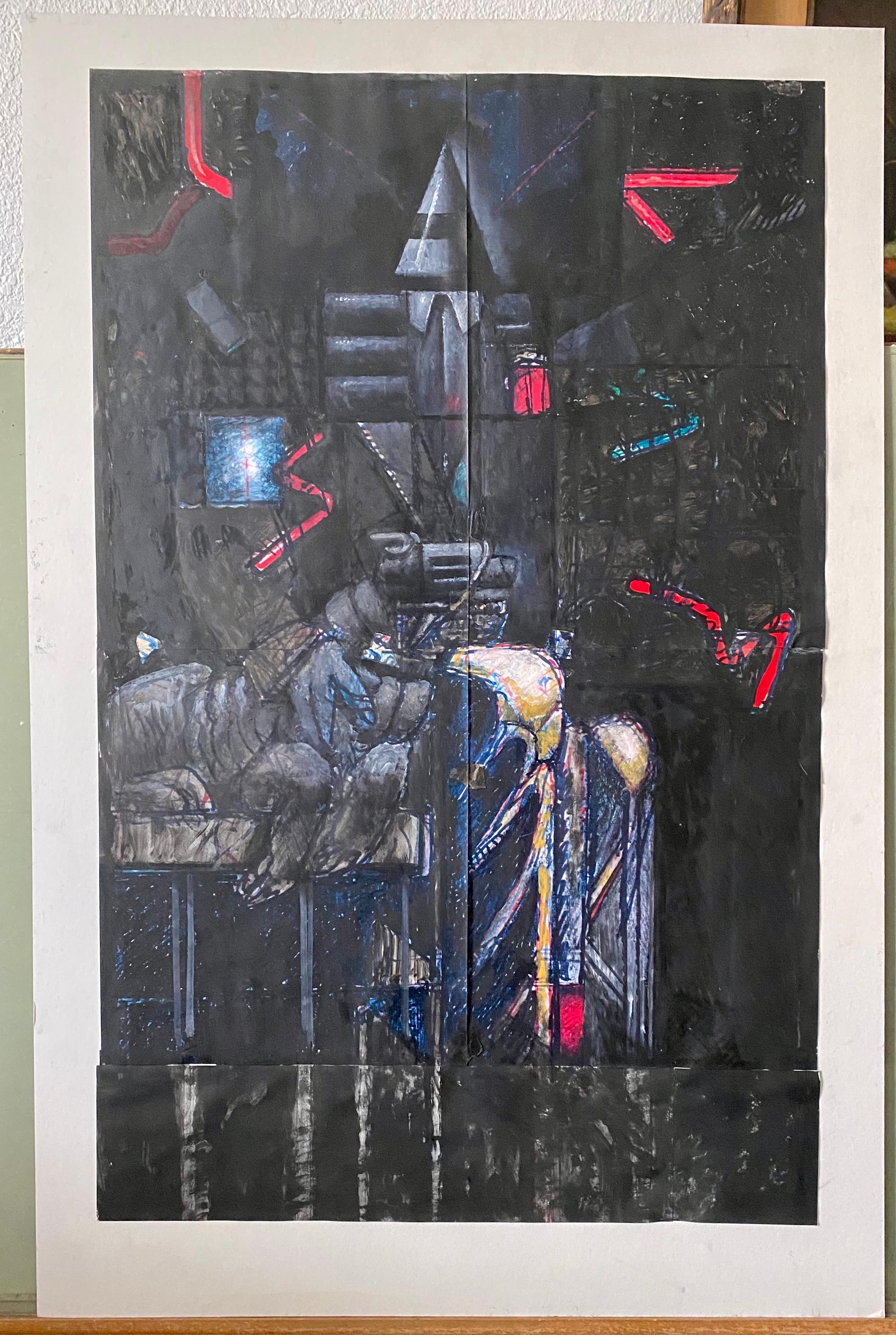 Mixed Media Collage Oil Painting Futuristic Abstract Expressionist Machine Art For Sale 3
