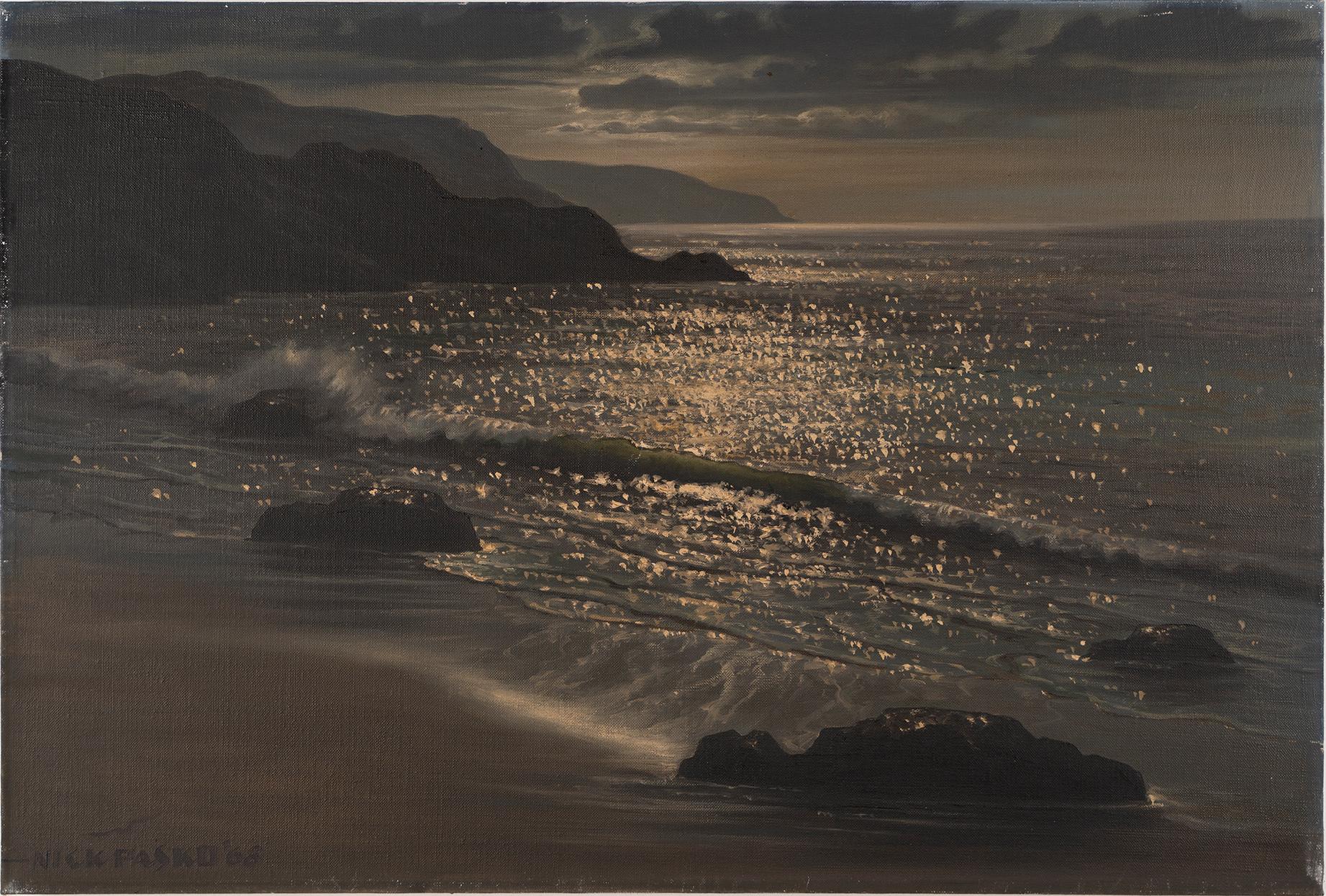Nick Pasko Landscape Painting - Antique American Impressionist California Beach Scene Nocturnal Surf Painting