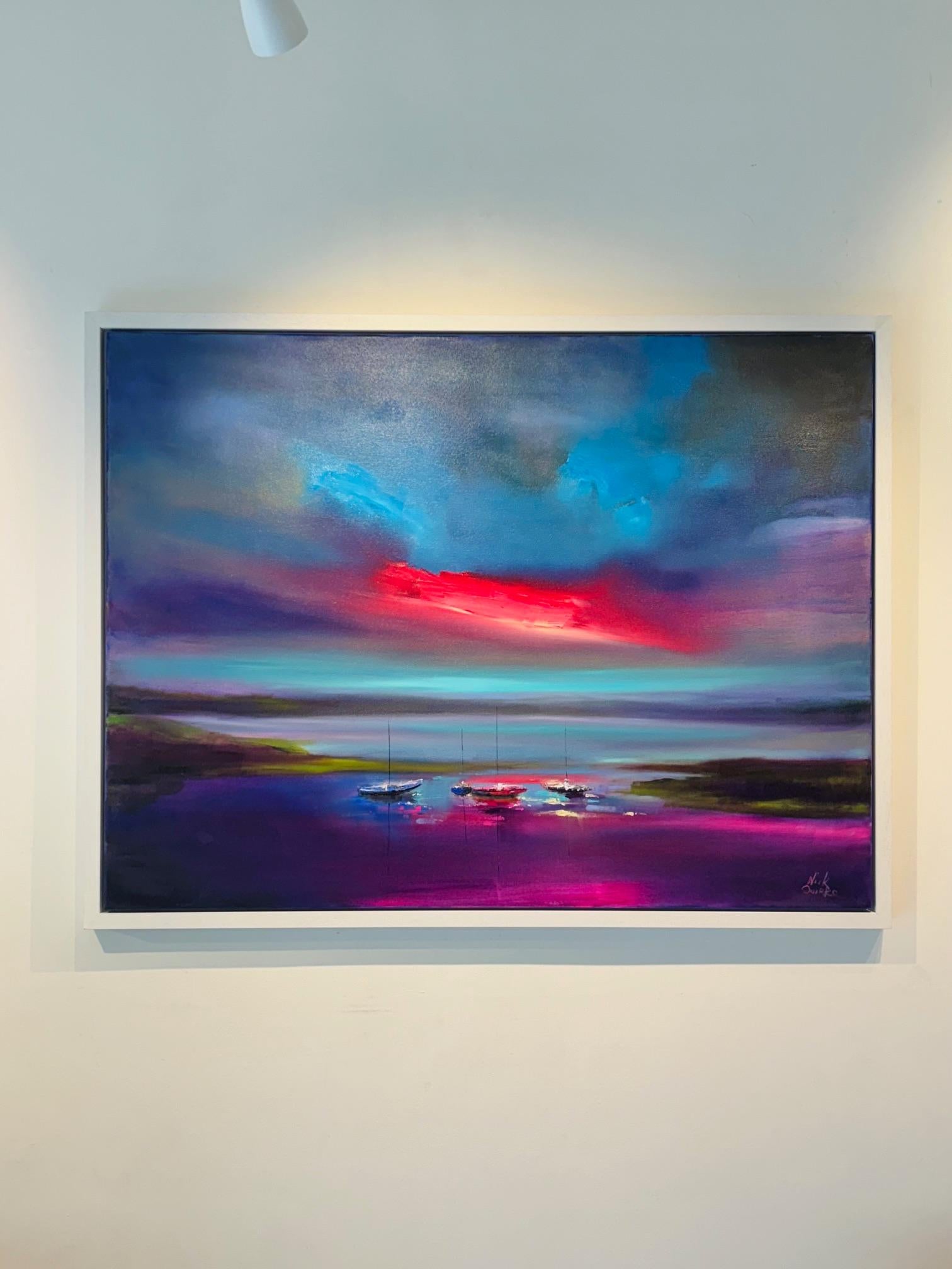 High Tides-original abstract seascape sunset boats oil painting-contemporary Art - Painting by Nick Quirke