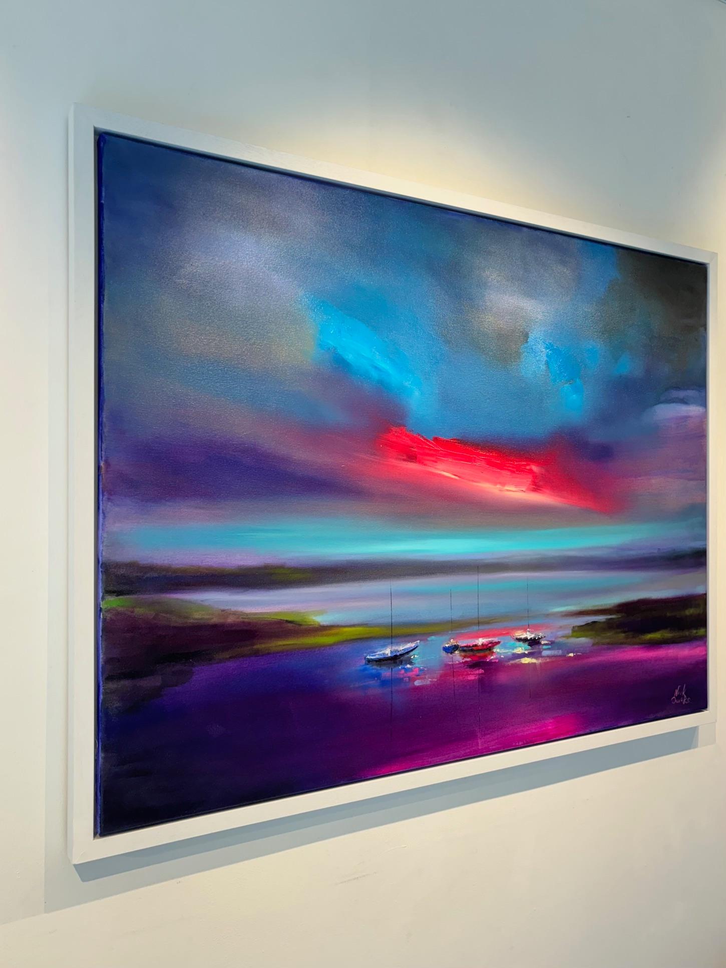 High Tides-original abstract seascape sunset boats oil painting-contemporary Art - Abstract Impressionist Painting by Nick Quirke
