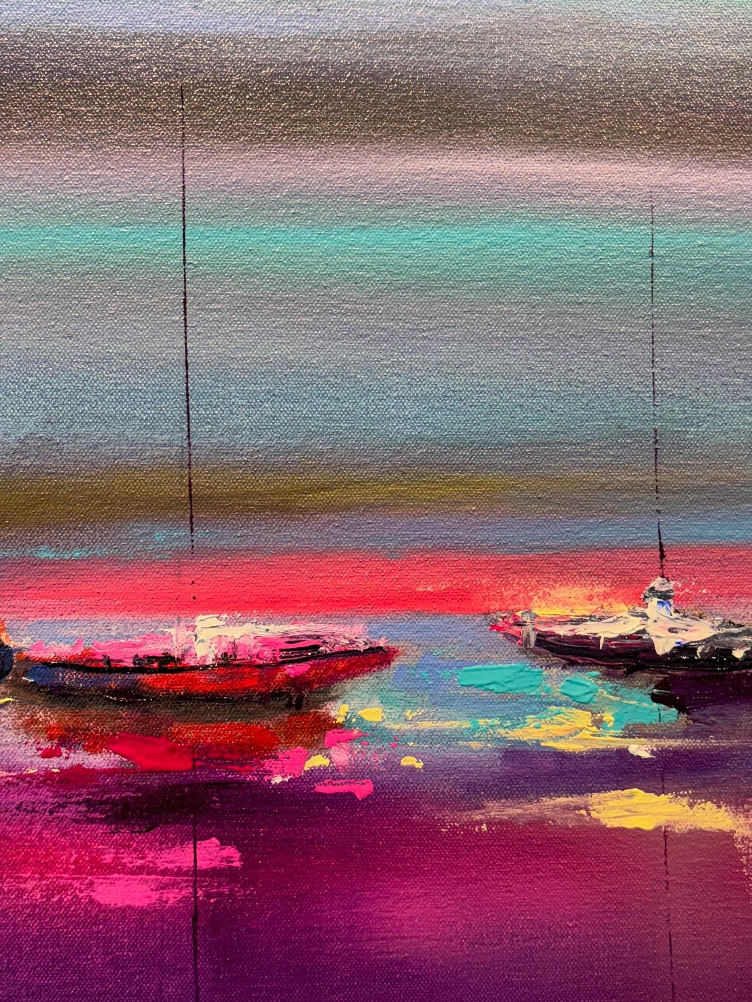 High Tides-original abstract seascape sunset boats oil painting-contemporary Art - Purple Landscape Painting by Nick Quirke