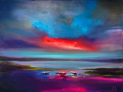High Tides-original abstract seascape sunset boats oil painting-contemporary Art