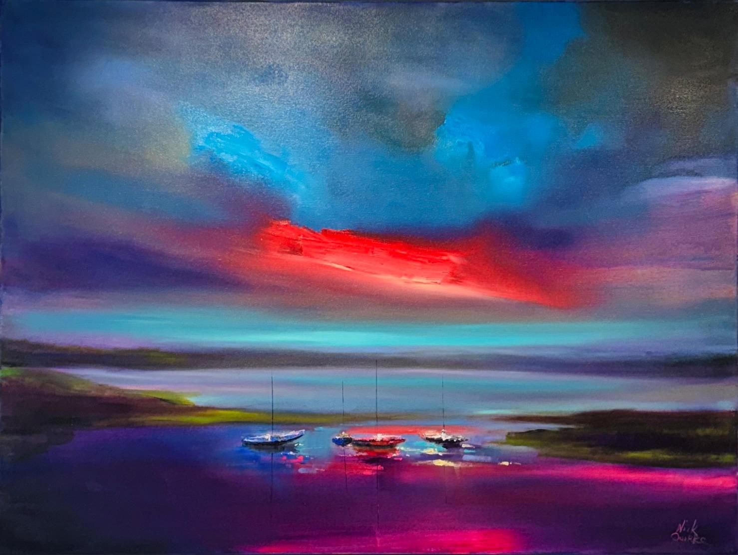 Nick Quirke Landscape Painting - High Tides-original abstract seascape sunset boats oil painting-contemporary Art