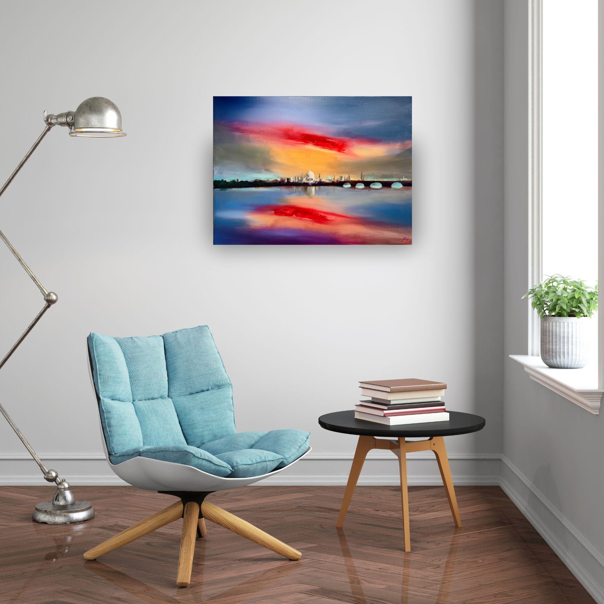 Sonnenuntergang über St. Paul - abstraktes Stadtbild - original zeitgenössische Kunst (Braun), Abstract Painting, von Nick Quirke