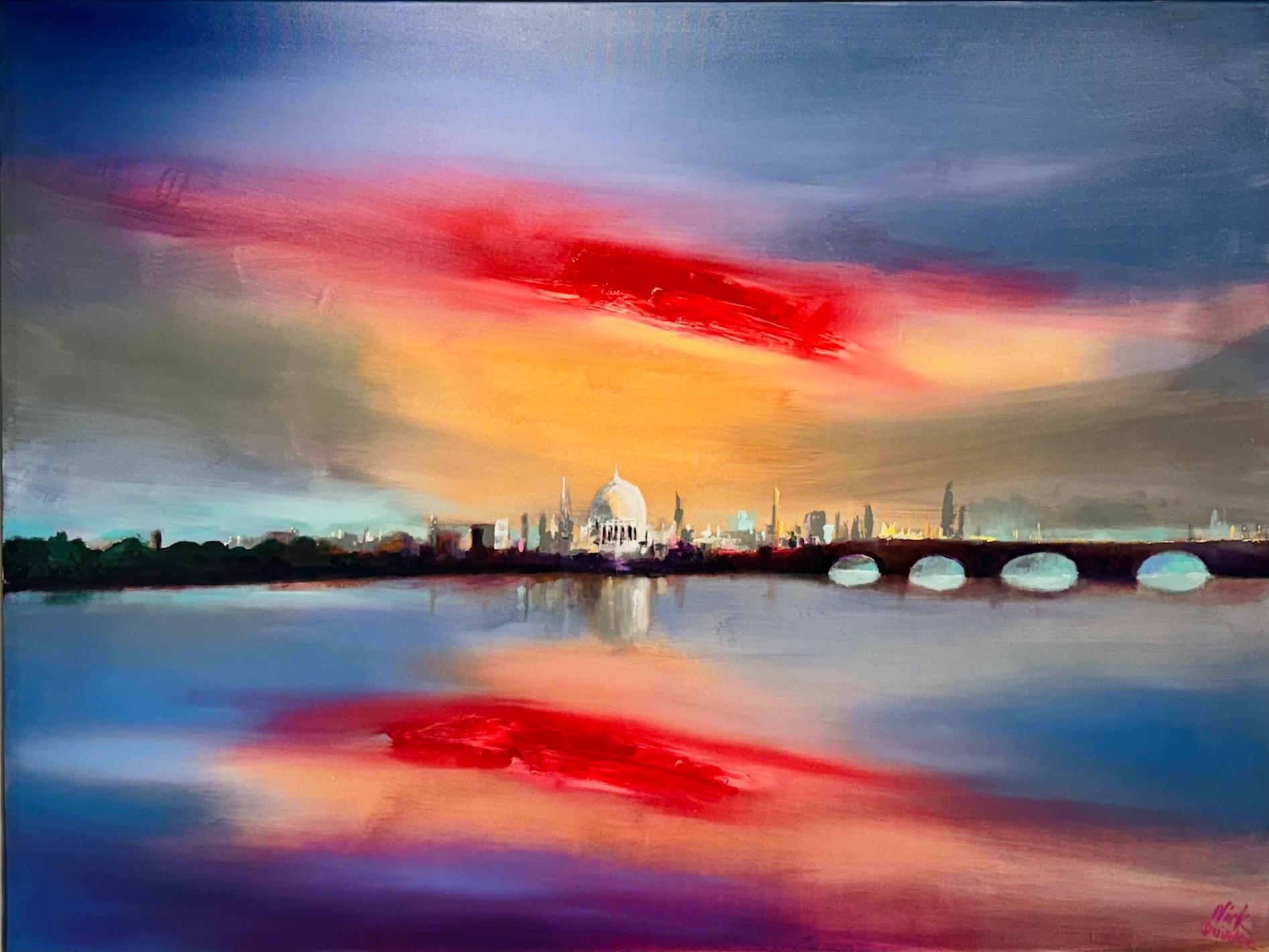 Nick Quirke Abstract Painting – Sonnenuntergang über St. Paul - abstraktes Stadtbild - original zeitgenössische Kunst