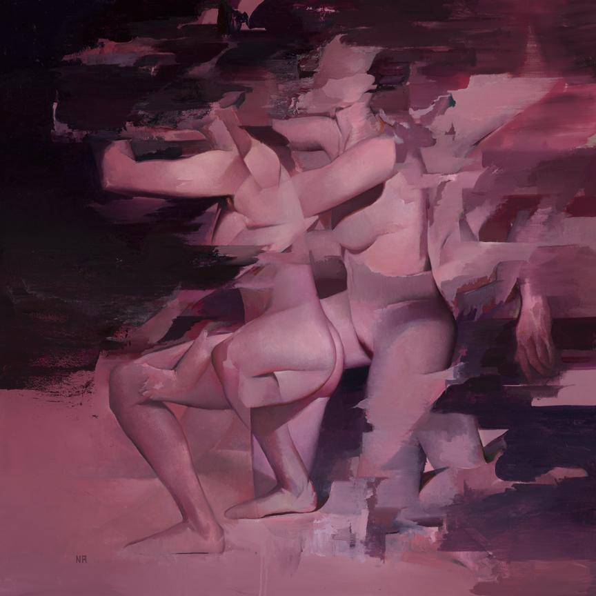 "Night at the Beach" (2023) von Nick Runge ist ein abstrahiertes weibliches Aktporträt mit Bewegungsunschärfe, das ungerahmt 36 x 36 misst.

Der 1985 geborene Künstler Nick Runge wuchs in Colorado auf. Da er aus einer kreativen Familie von
