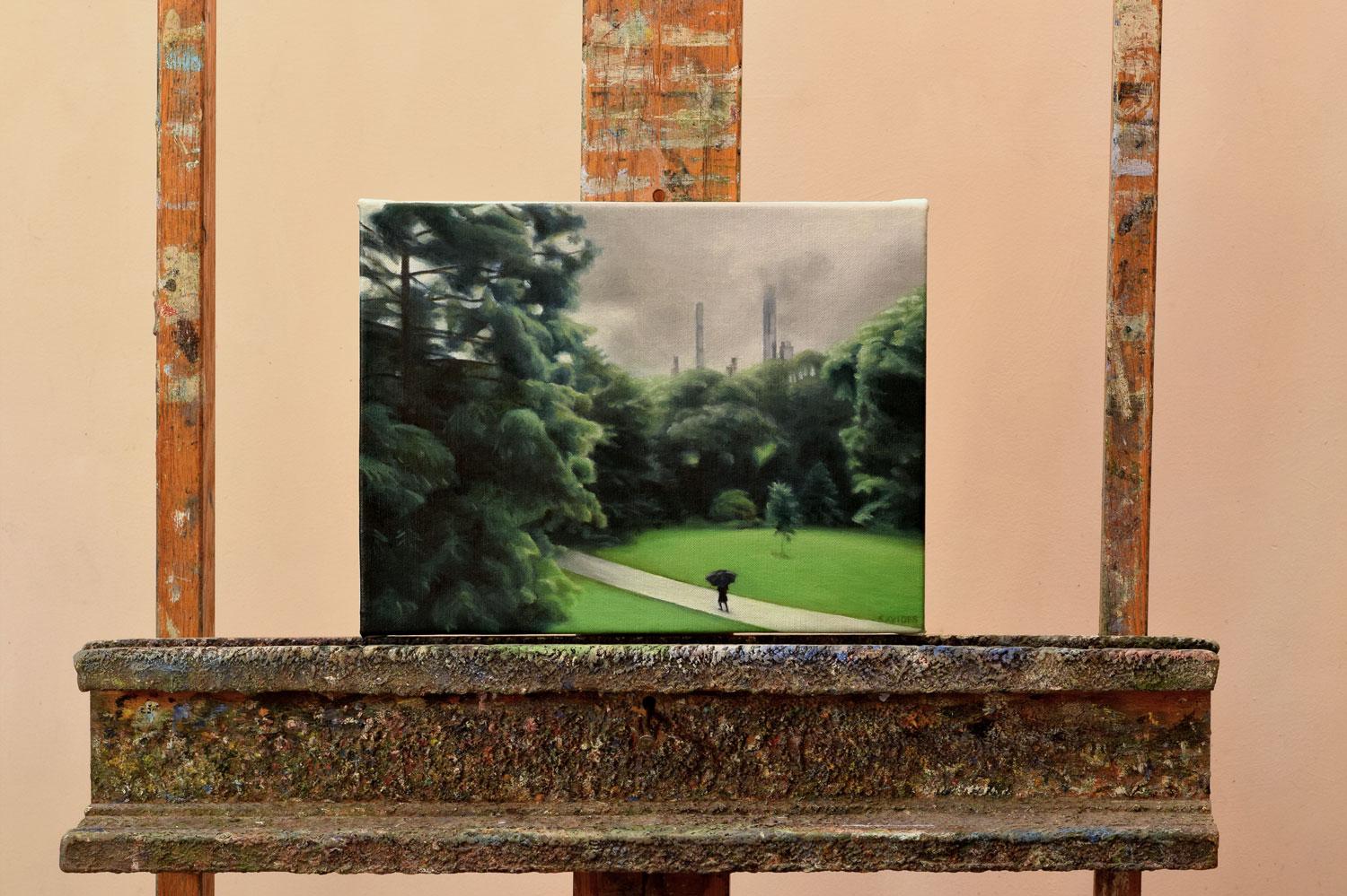 <p>Artist Comments<br />The scene features a view from a window at the Metropolitan Museum of Art on a rainy day. Trees in Central Park glow in scattered sunlight, while distant buildings emerge from the cloudy gray skies. The atmosphere is moody,