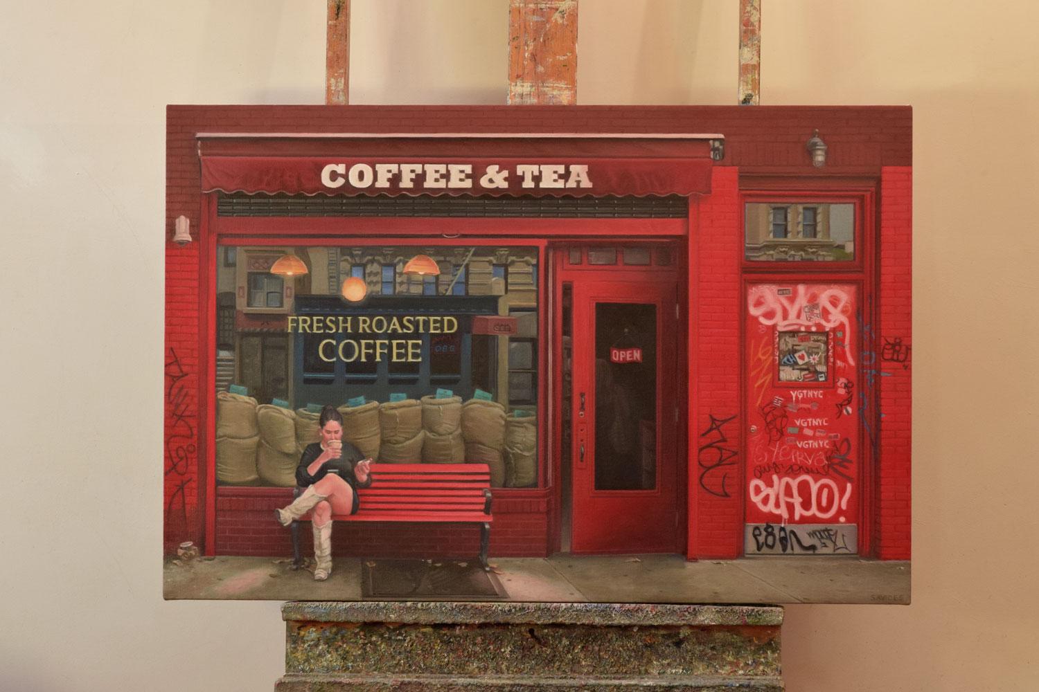 <p>Artist Comments<br>A woman sits on a bench, sipping her drink, outside of St. Markâ€™s Coffee & Tea in the East Village. The cafeâ€™s red facade contrasts with the subdued urban environment. Cool blue, green, and gray tones soften the store's